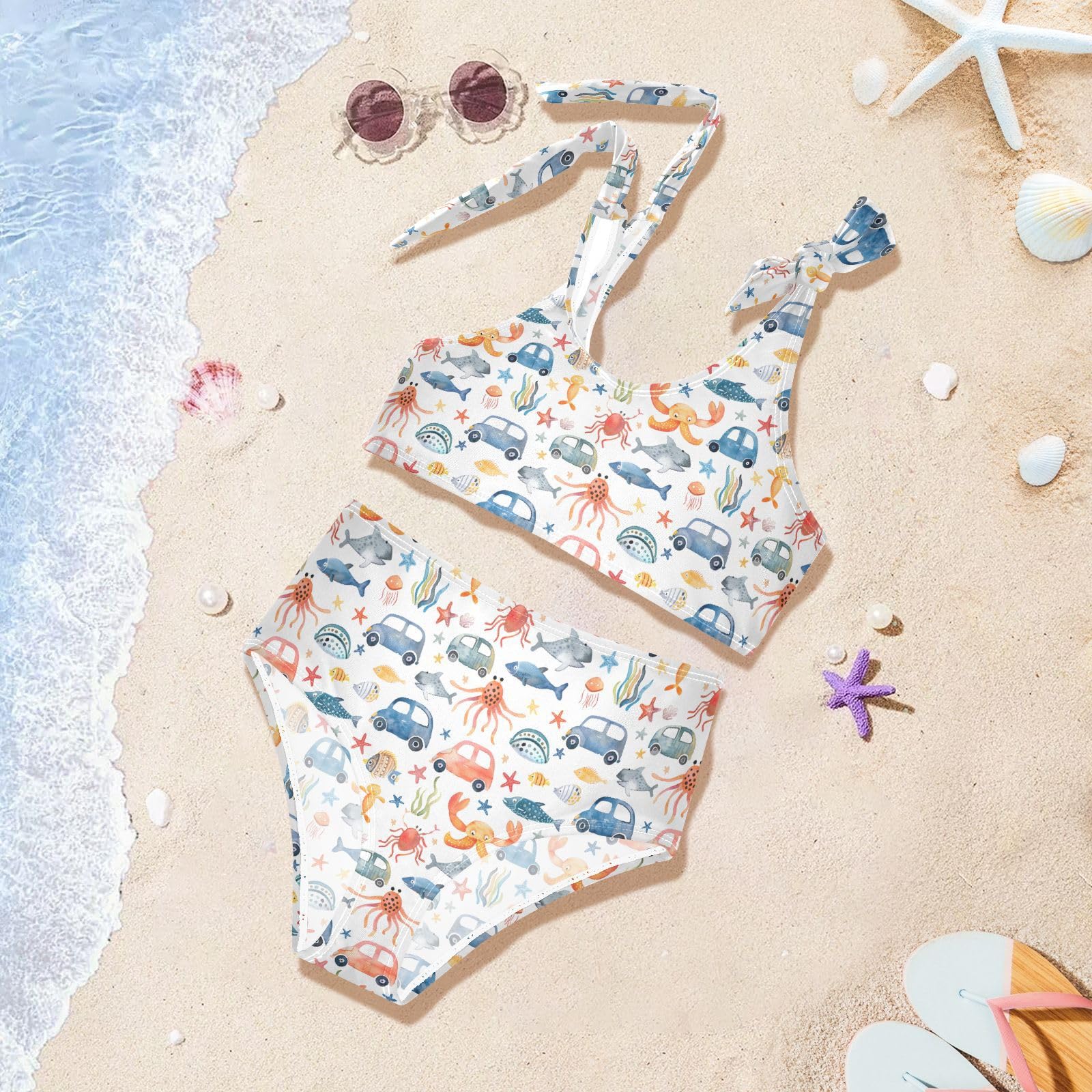 Hand Painting Cars Girls 2-Piece Tankini Swimsuit, Girls Bikini Swimsuits Summer Beach Bathing Suit Set, 4T Multicoloured