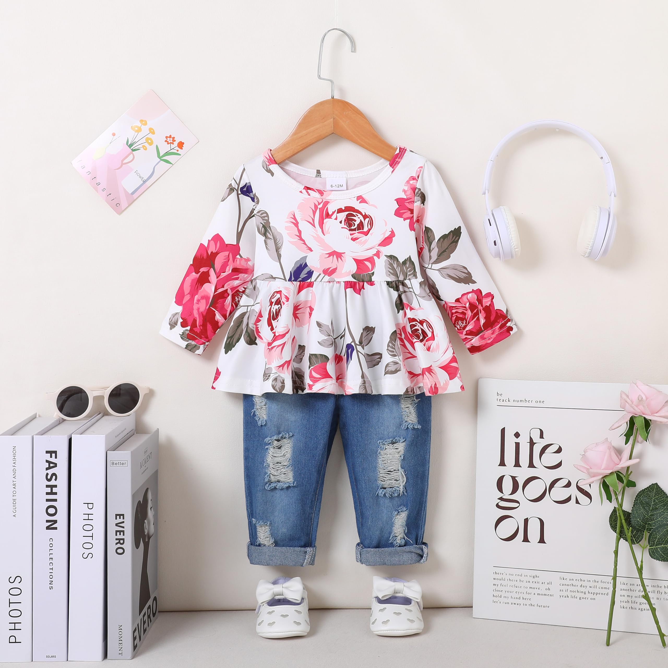 CARETOO Girls Clothes Stroje dla dziewczynek, śliczna dziewczynka, kwiatowa, z krótkim rękawem, zestaw kwiatów Ruffle Top