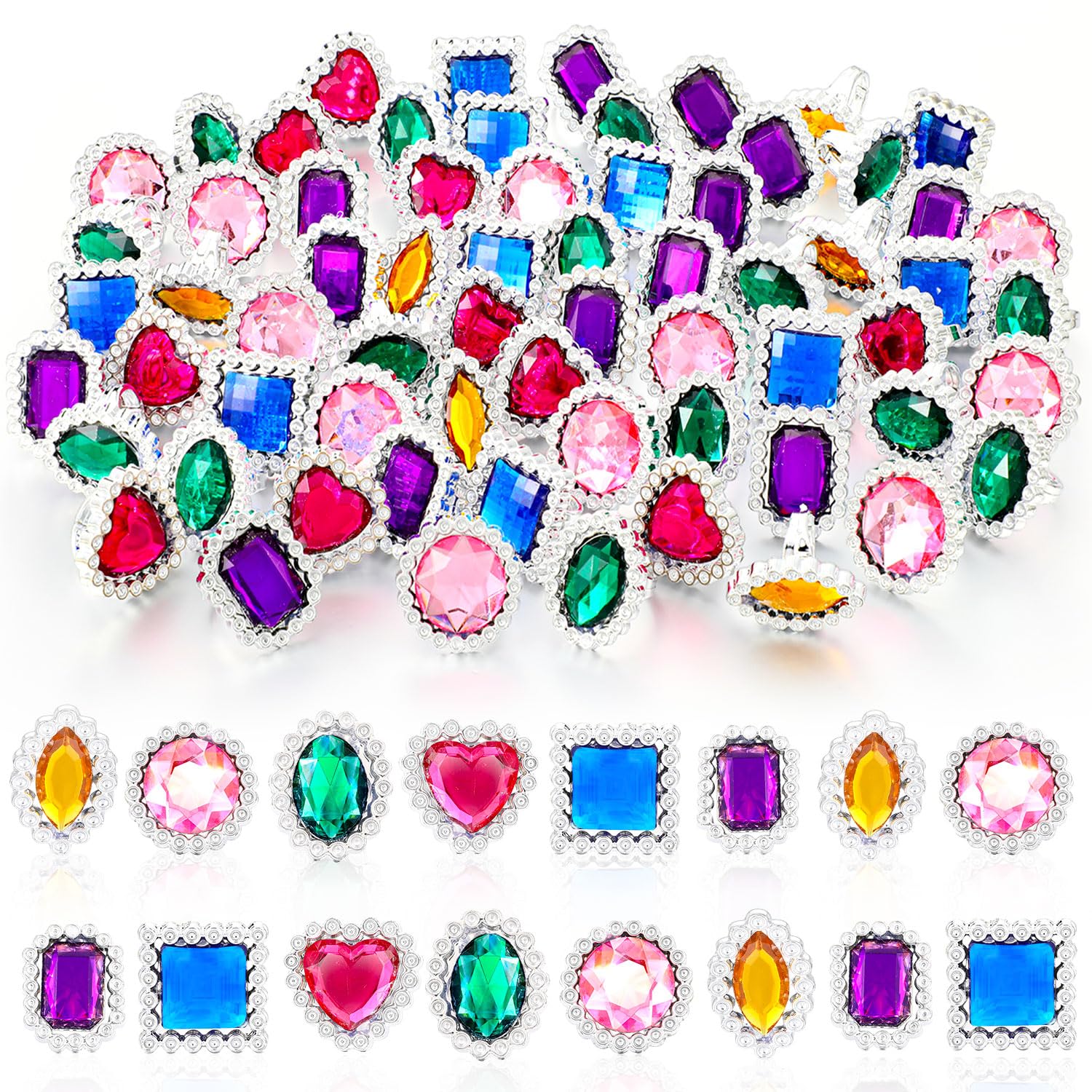 72 anillos de plástico coloridos ajustables falsos de princesa joyería anillos para despedida de soltera, accesorios de fiesta