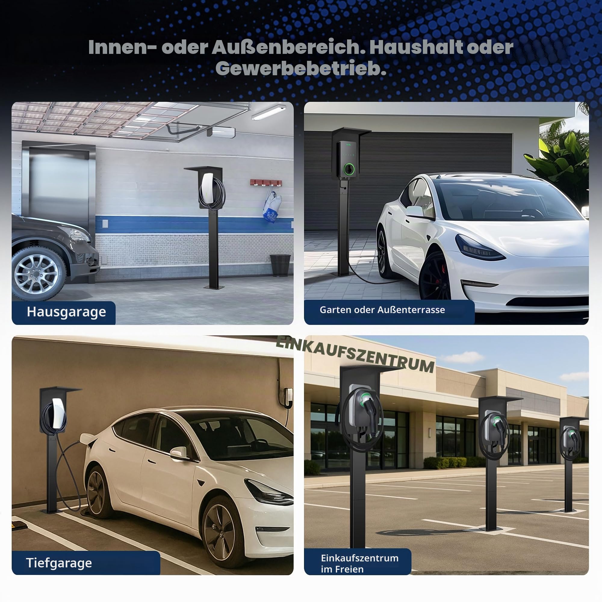 EV Ladesäule mit Dach – Wetterfester Standfuß für Wallbox, geeignet für Tesla Gen3, Mobile Connector & Typ 2 / J1772 Ladegeräte | EUIPO Reg. Nr. 015116807-0001