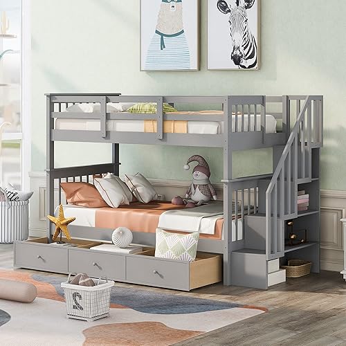 Miniatura 121 de Merax Litera de escalera individual sobre matrimonial con nido, escalera de almacenamiento y barandilla de longitud completa, litera de