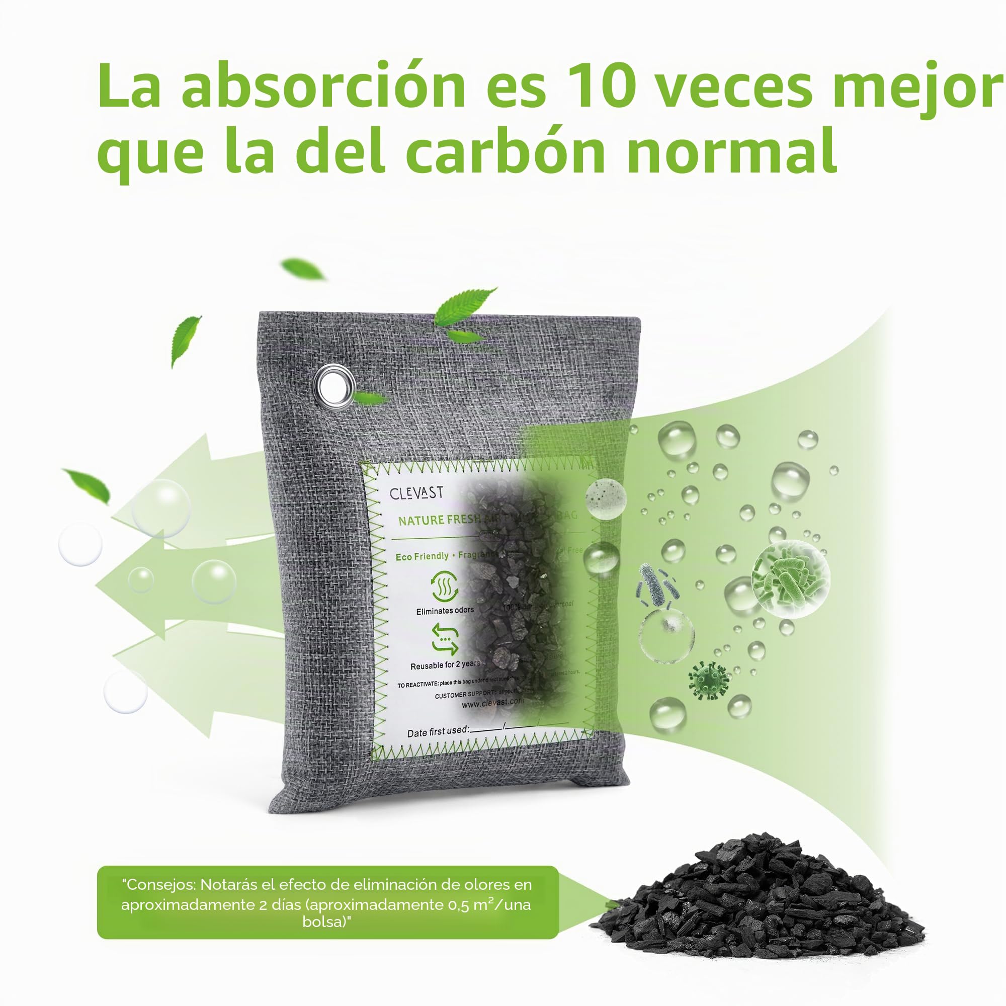 CLEVAST Bolsas Purificadoras de Aire de Carbón de Bambú (50g*12+200g*2), Desodorizante y Purificador Eliminador de Humedad para Armario, Calzado, Ambientador de Coche.