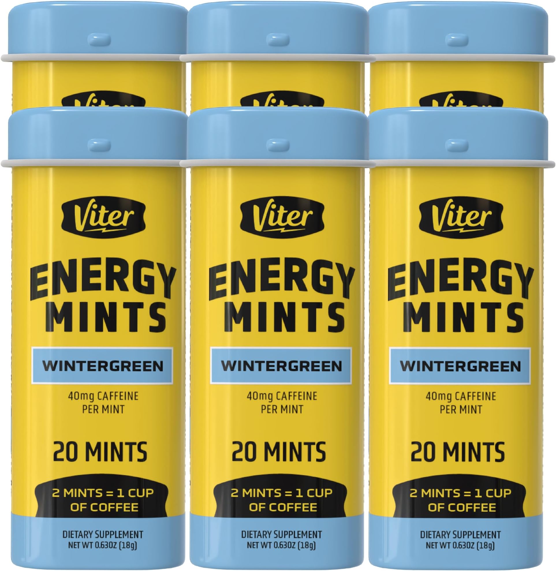 Caffeinated Mints 40mg Caffeine, B Vitamins, Sugar Free. (Wintergreen, 20pcs, 6 Pack)