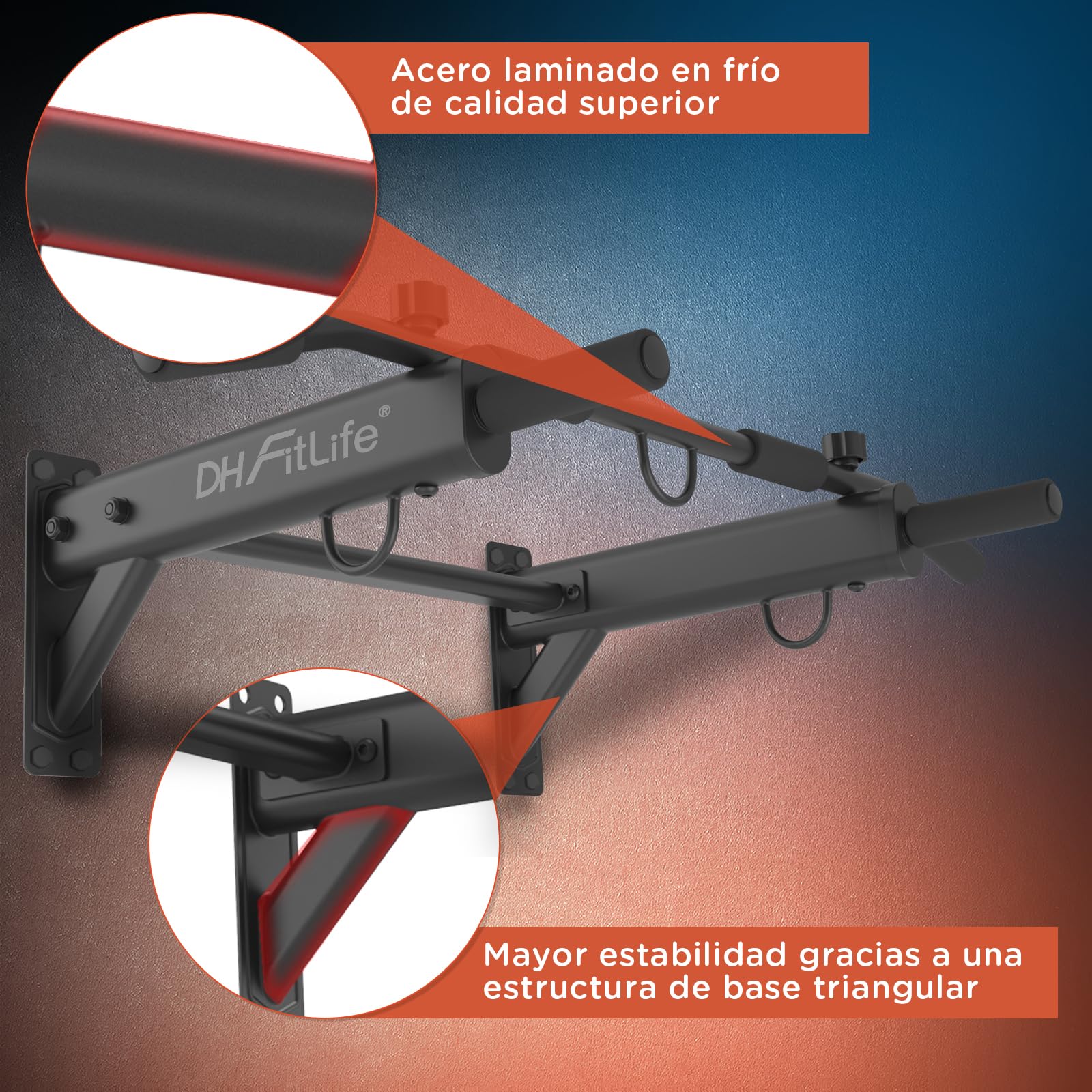 DH FitLife Barra de Dominadas Pared 4 en 1 con Tacos de Expansión | Pull-Up Bar Multifuncional para Casa | Hasta 200 kg | 6 Asas Antideslizantes | 3 Ojales para Saco de Boxeo y Cintas de Suspensión