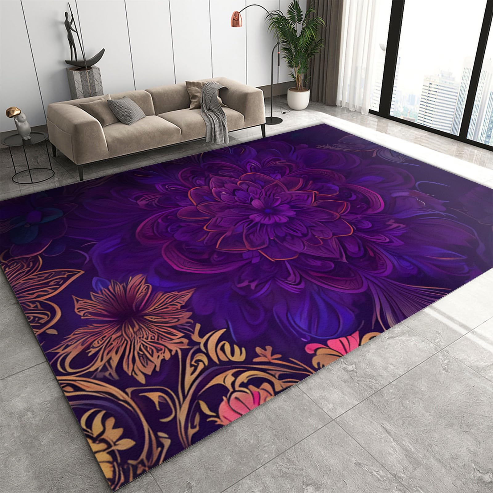 Fantasy Art Flowers Area Rugs, Ethnic Style Living Room Rug, Short Pile Floor Mat Machine Washable Non Slip for Bedrooms Dining Room Entryway Hallway Kitchen Laundry Room Farmhouse-100 x 150 cm