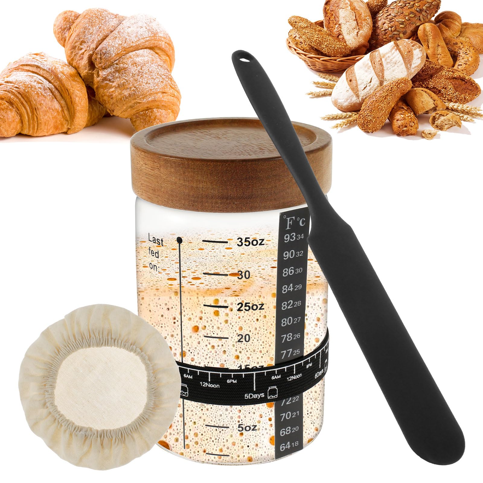 Pro Sourdough Starter Kit with 1000ml Sourdough Starter Jar, Wooden Lid, Silicone Spatula, Cotton Linen Cover, Temperature Paper, Multi-function Labeled Ring Band for Making Delicious Breads
