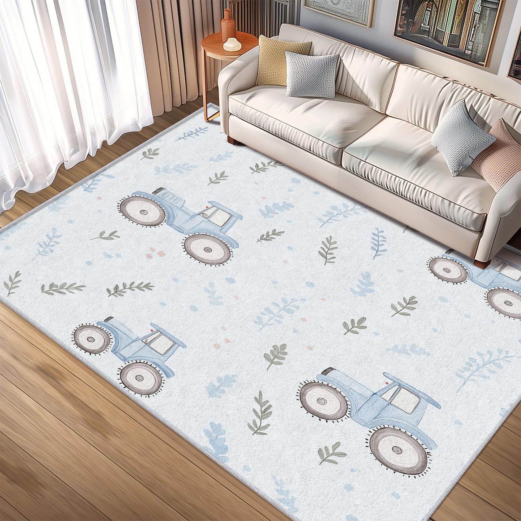 Tappeto per bambini con trattore, 120x170 cm, motivo: auto da costruzione, lavabile, antiscivolo, morbido, per cameretta dei bambini, sala giochi, soggiorno