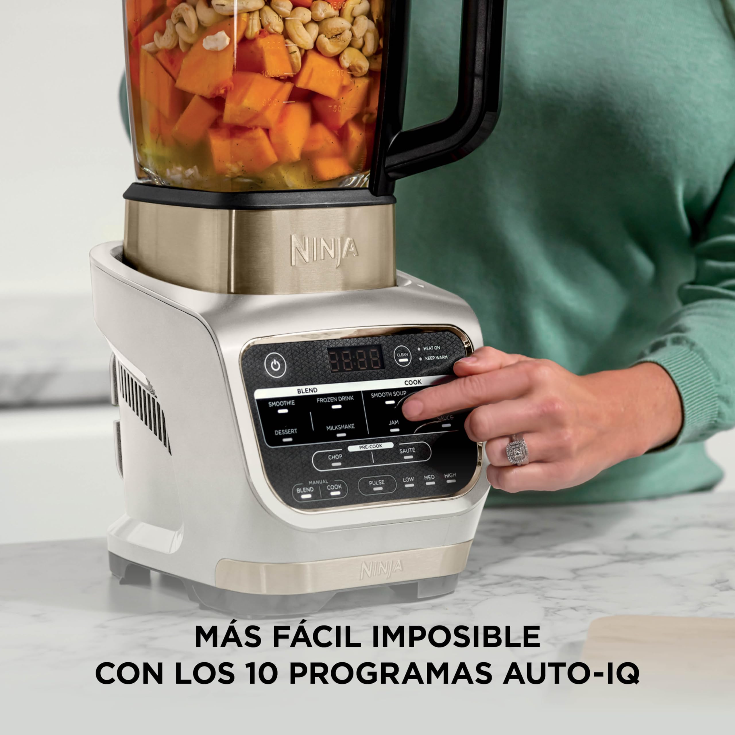Ninja Foodi Batidora de vaso y sopera eléctrica, 1000 W, 10 programas, jarra de cristal de 1,7 l con resistencia integrada, batidora para mezclas calientes, prensador, piedra dorada, HB150EUSTGD