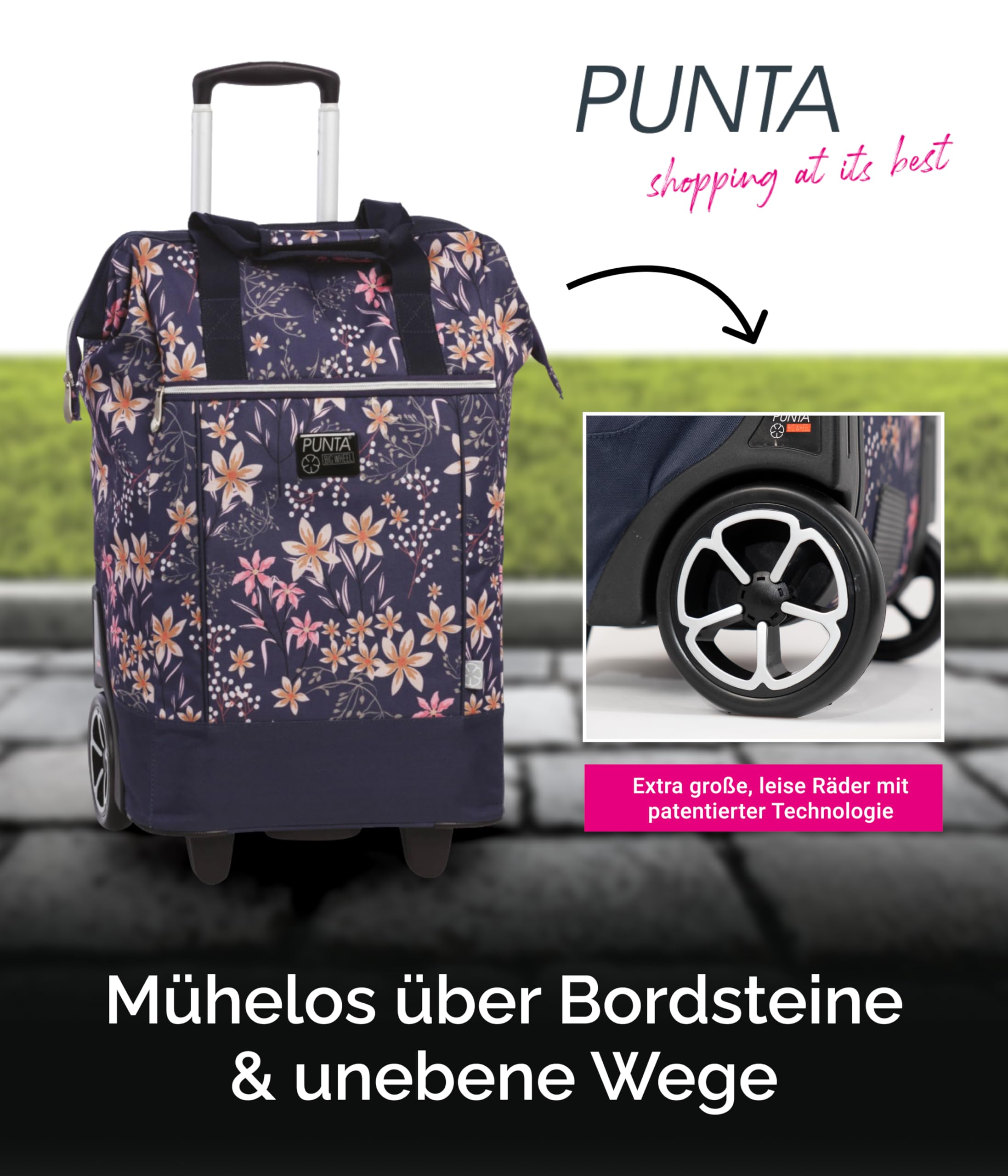 Punta® Einkaufstrolley Big Wheel 40L | großer & Stabiler Einkaufsroller mit XL-Rädern | leise & leichtgängig | Einkaufstrolley modern & vielseitig für Einkauf & Transport – Pflaume