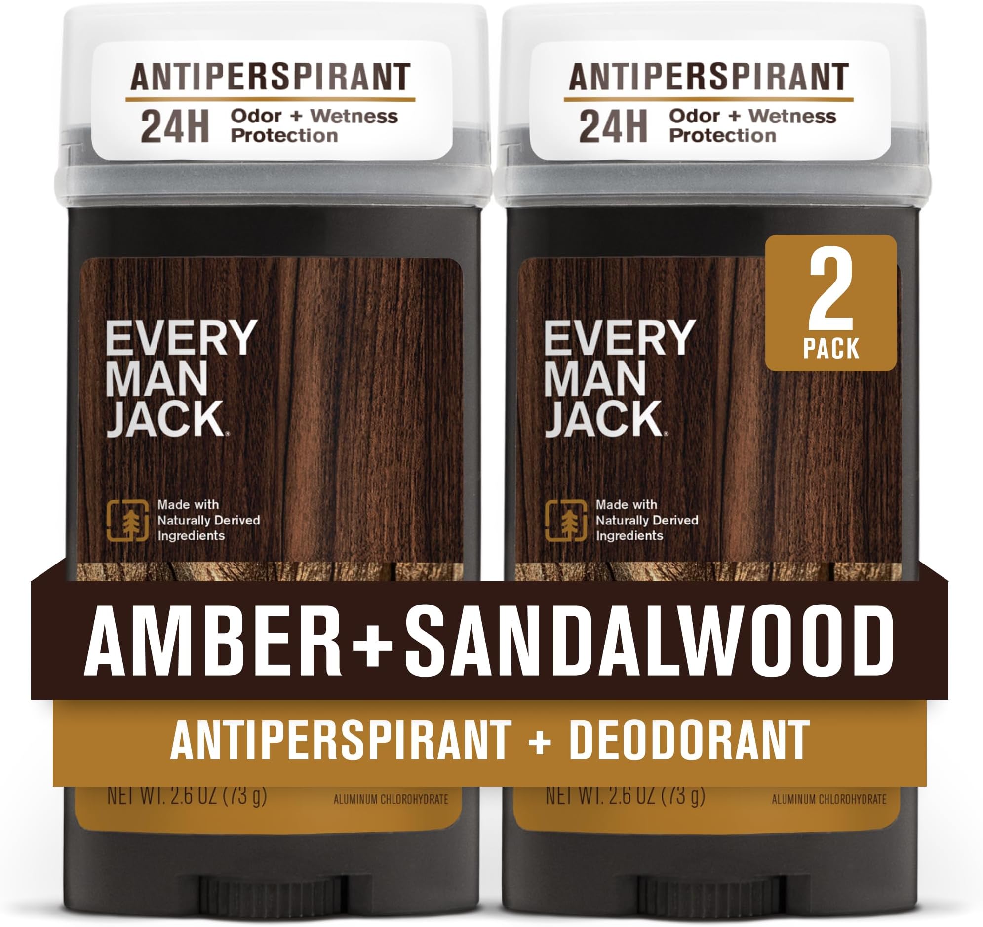 Every Man Jack Men’s Amber + Sandalwood Antiperspirant Deodorant for Men - 24-Hour Odor Protection - 2.6 oz (2 Pack)