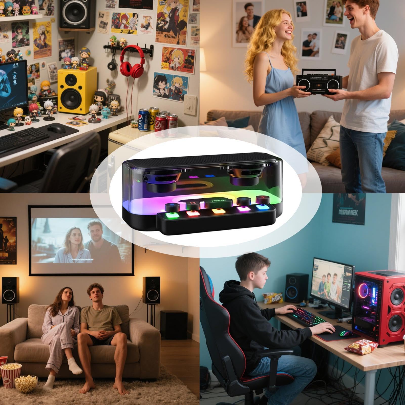 Altoparlante wireless, illuminazione punk RGB, 20 x 11,5 x 8 cm, lettore volume forte, dispositivo musicale meccanico, decorazione per la casa, per uso in cucina, ufficio, audio interno, ABS