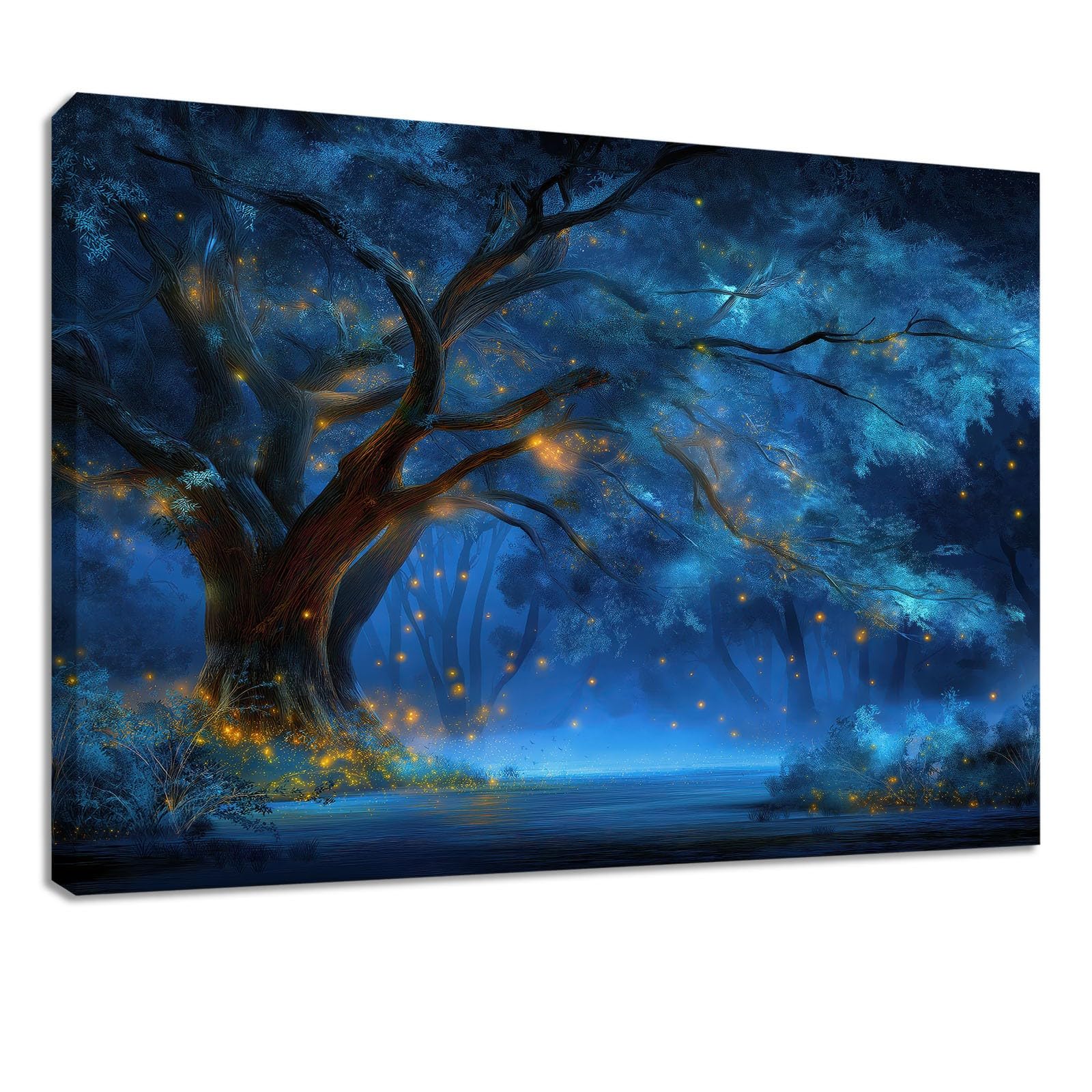 Obraz ścienny Fantasy las obraz na płótnie - płótno ścienne 120 x 60 cm, druk na płótnie ze świetlikami, roślinami, drzewami, oprawiona sztuka ścienna do salonu i sypialni, dekoracja ścienna