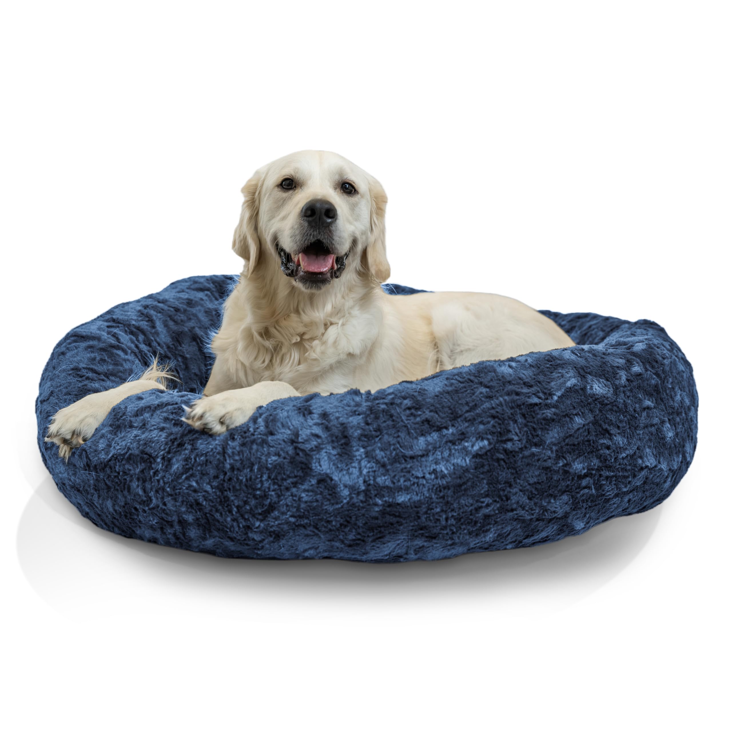 Best Friends by Sheri The Original Calming Donut Dog Bed for Large Dogs up to 100 lbs, Lux Faux Fur, Navy Blue, 36" x 36"