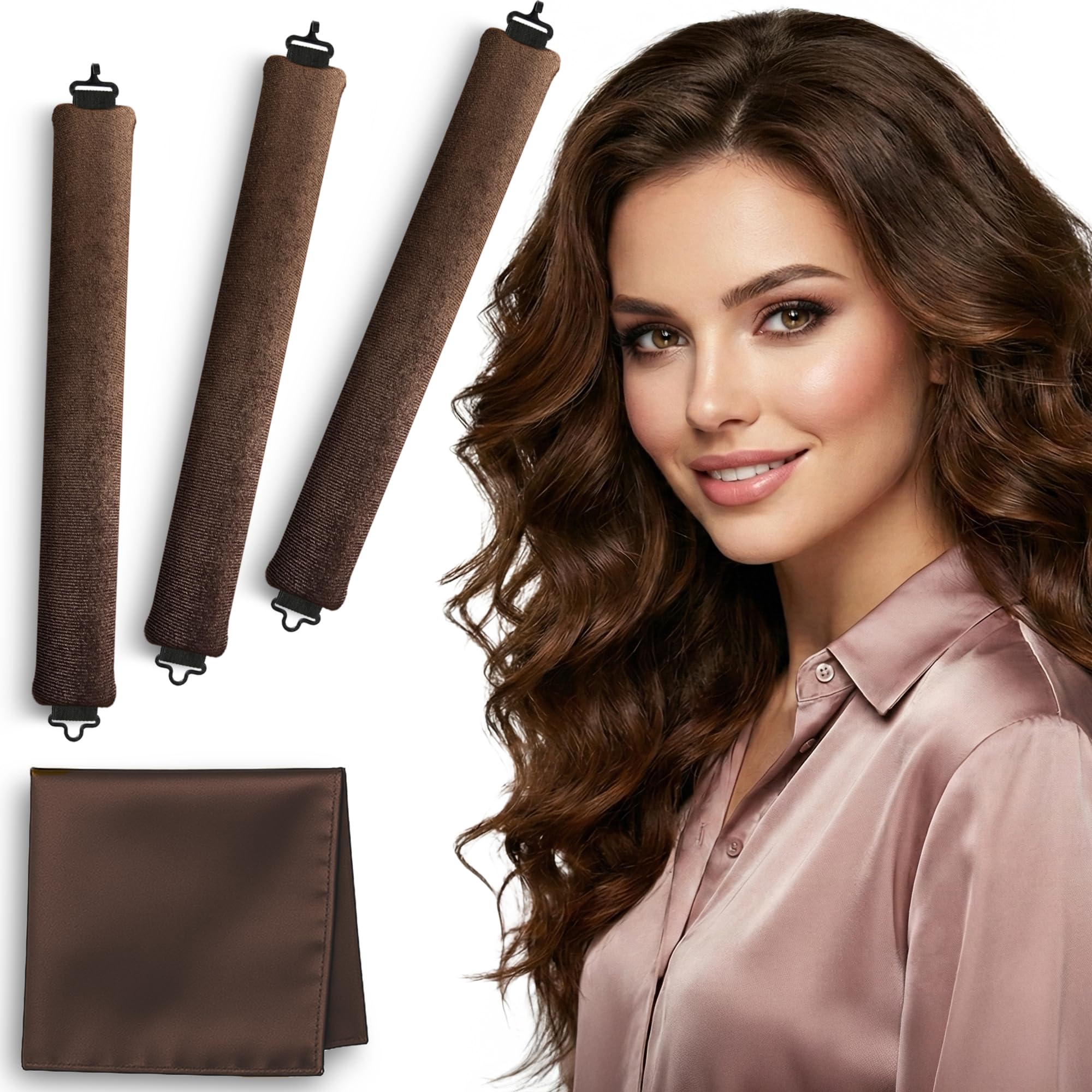 VISOFO - Aste per capelli senza calore, per bigodini lunghi o corti, senza calore, in schiuma flessibile, in morbido velluto satinato, set di strumenti per dormire in set di strumenti (marrone, 3 set)