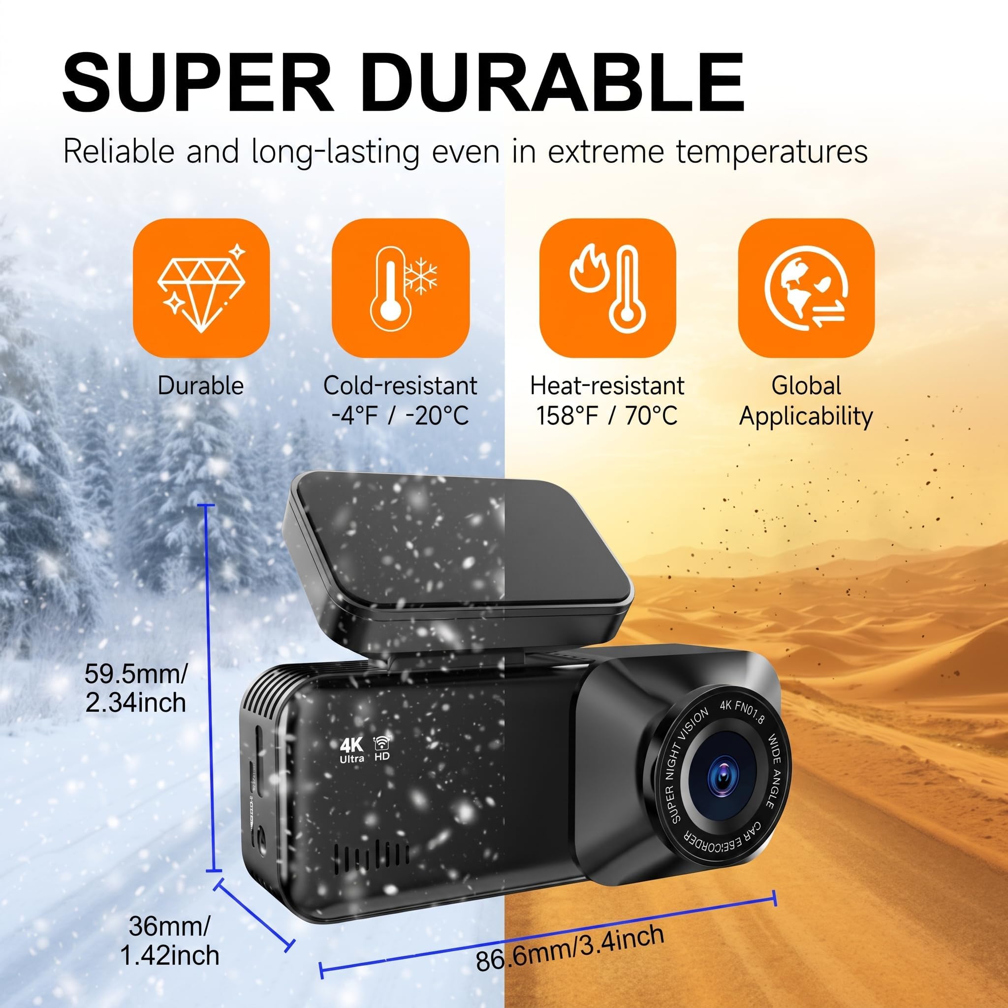 Dashcam per auto, anteriore e posteriore, 4K 2160P + 1080P, WiFi, con