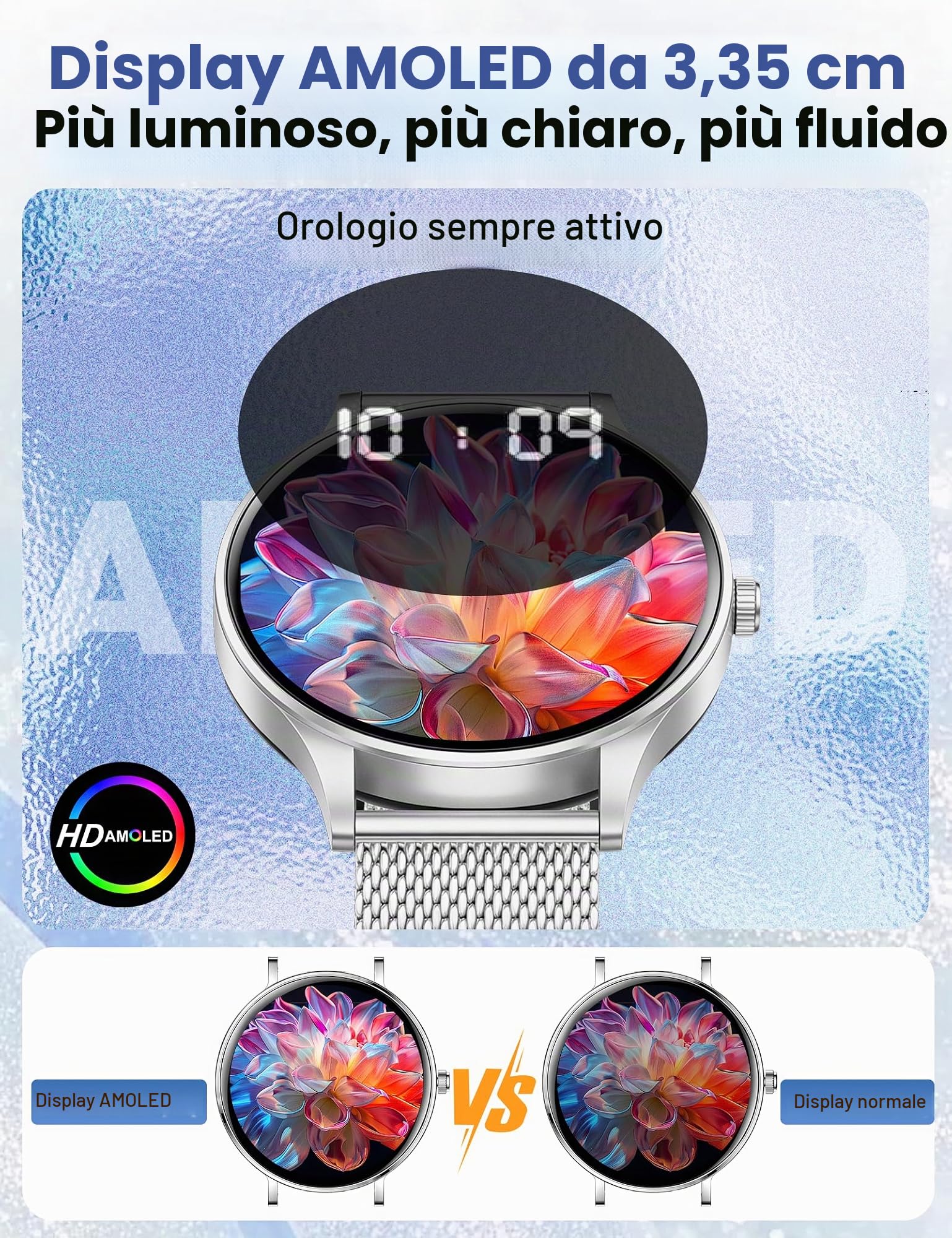 Smartwatch Donna Uomo,1.32" AMOLED Display Smart Watches,8mm Ultra Sottile,7 Giorni di Batteria,Chiamate BLE5.3,Frequenza Cardiaca,Sonno,Contapassi,IP68 Orologio Fitness per Android/iOS Argento
