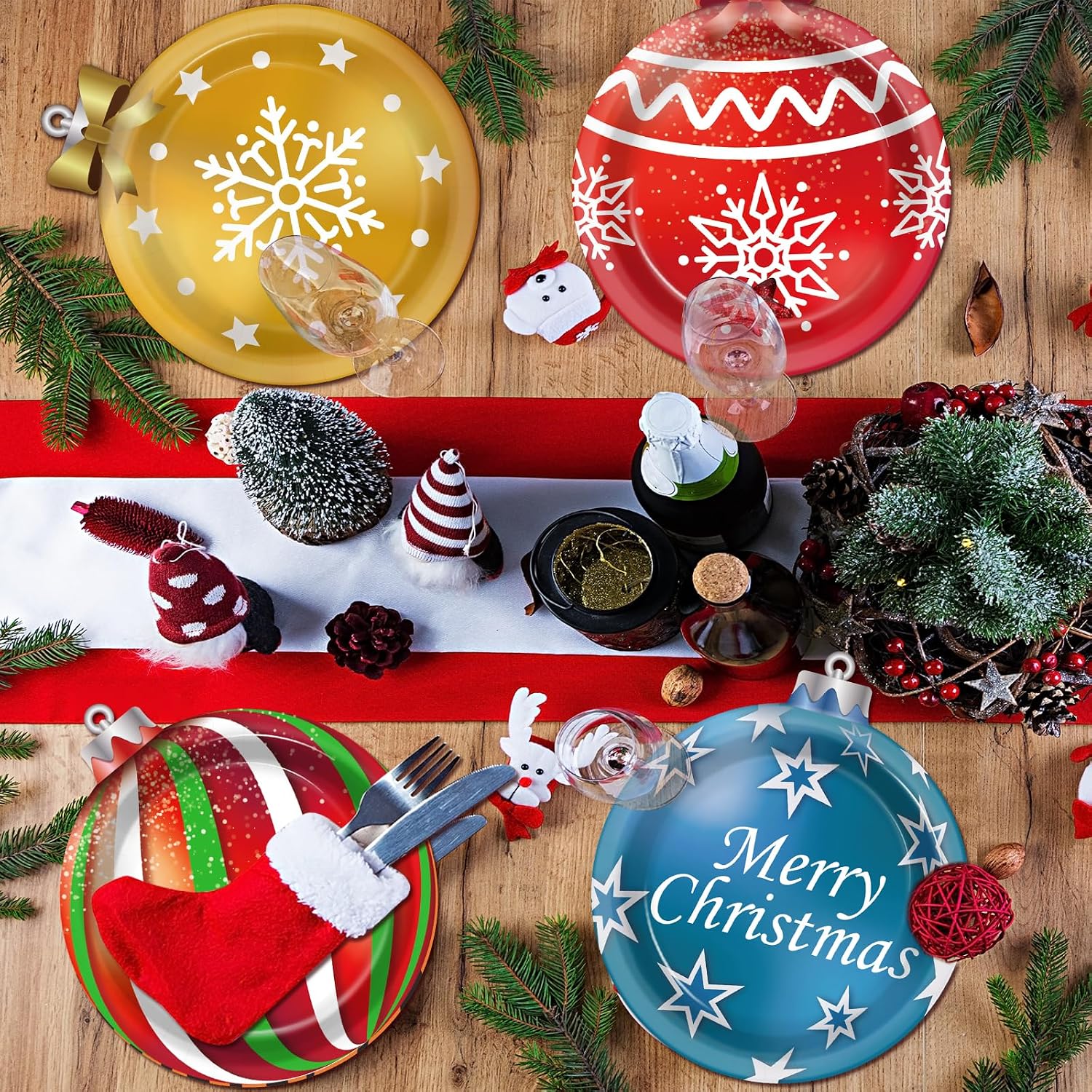 60 Count Christmas Paper Plates - Xmas Holiday Disposable Plates with Red & Green Balls Decorations for Merry Christmas & Winter Party Tableware Decor