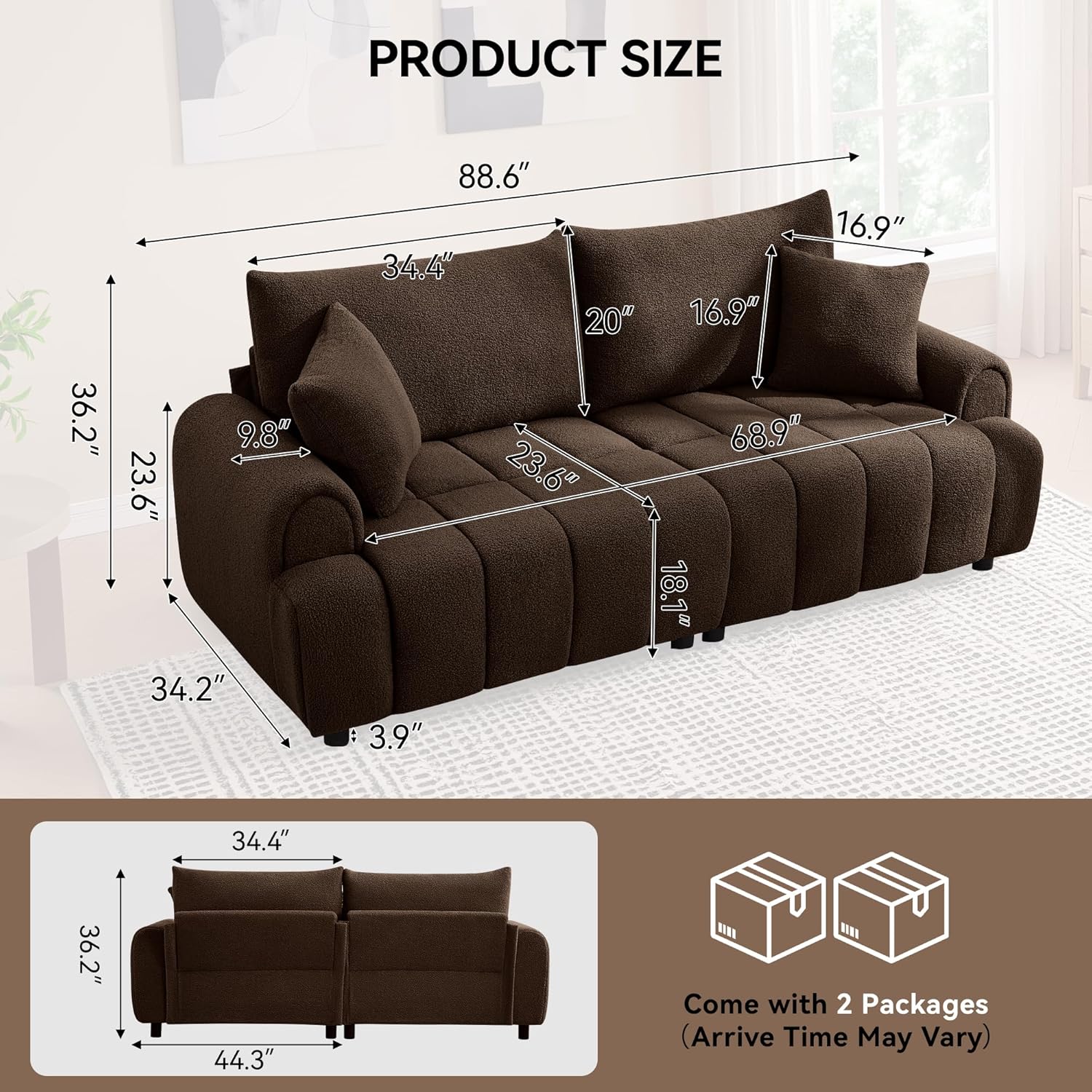 88'' Boucle Loveseat Couch, Modern Oversized 2 Seater Couches with Round Armrest & Solid Wood Frame, Upholstered Sherpa Deep Seat Sofa for Living Room, Bedroom, Apartment, Brown