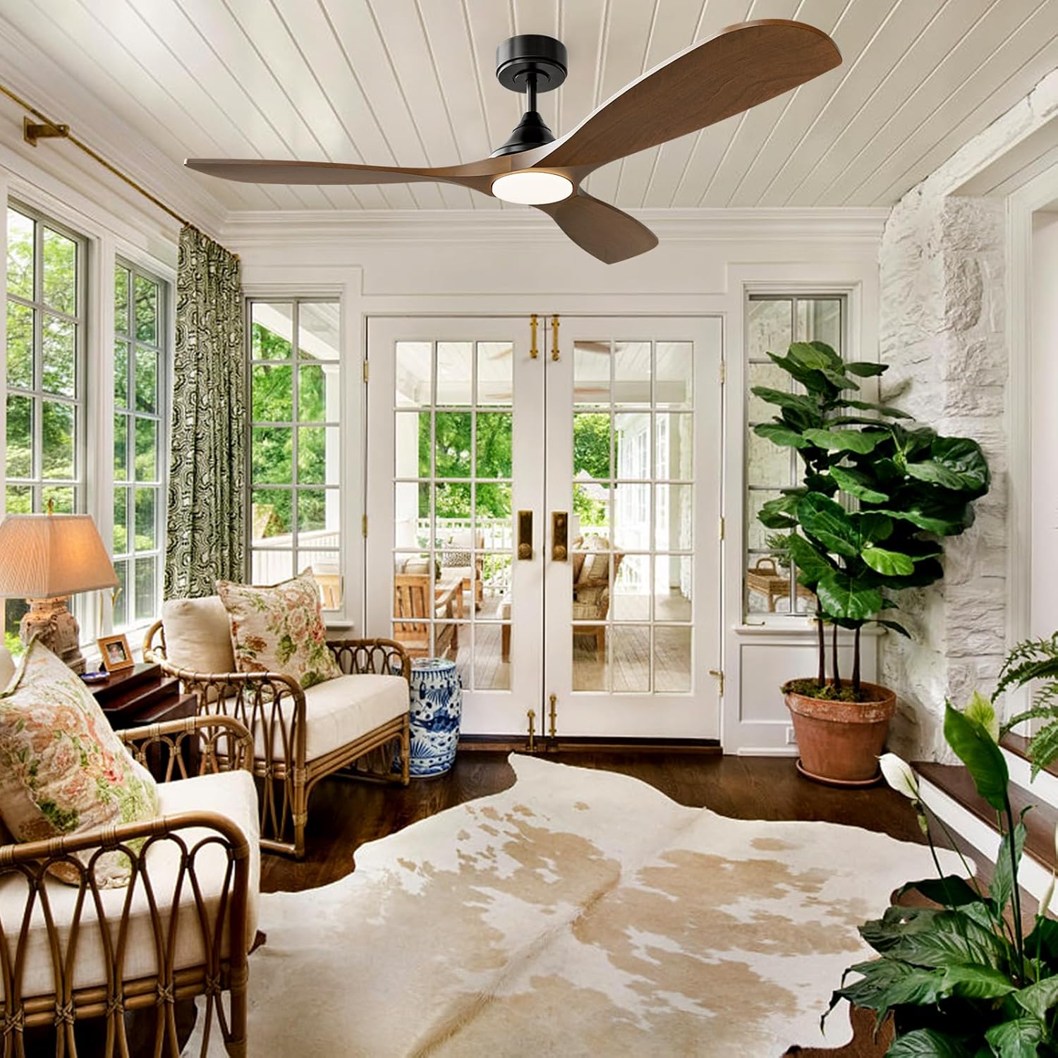 52 Inch Smart Ceiling Fan with Light, Wood Ceiling Fans with Remote, Alexa,WiFi and App Controls, Reversible Blades, Quiet DC Motor, Timing, High CFM, Dimmable LED Light, Walnut