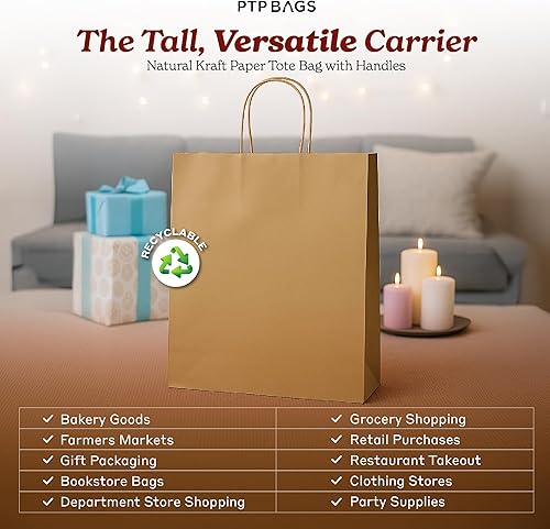 Miniatura 9 de PTP BAGS Bolsas Jr. Mart blancas de 13 x 7 x 13 pulgadas, bolsas de papel blanco con asas [paquete de 250] para regalo de papel kraft reciclable