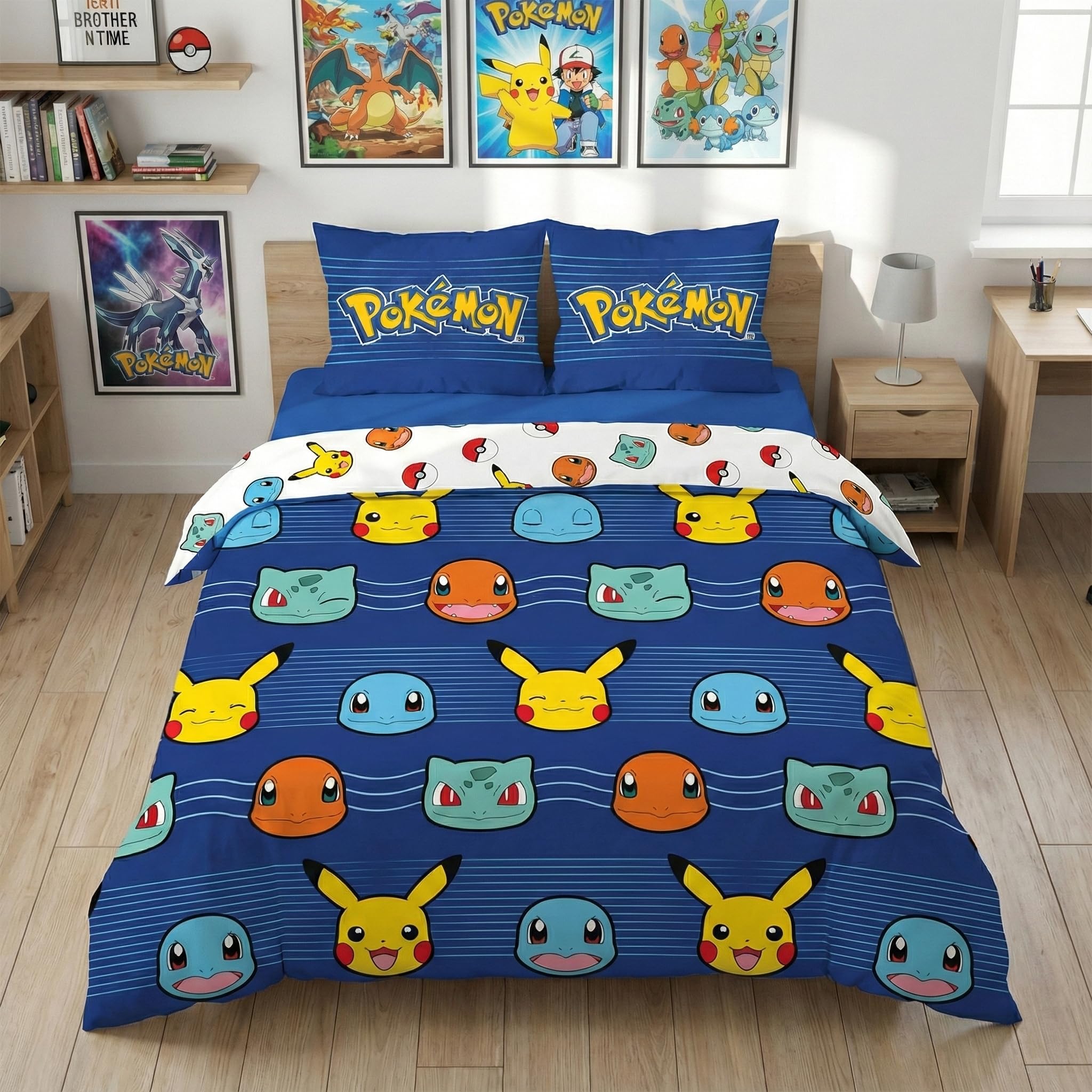 Pokémon Funda Nórdica Cama 150 240x220 + 2 Fundas Pikachu Reversible | Ropa de cama 2 personas | Microfibra Oeko-Tex secado rápido | Pikachu Charmander Bulbasaur Squirtle | 2 diseños | Regalo