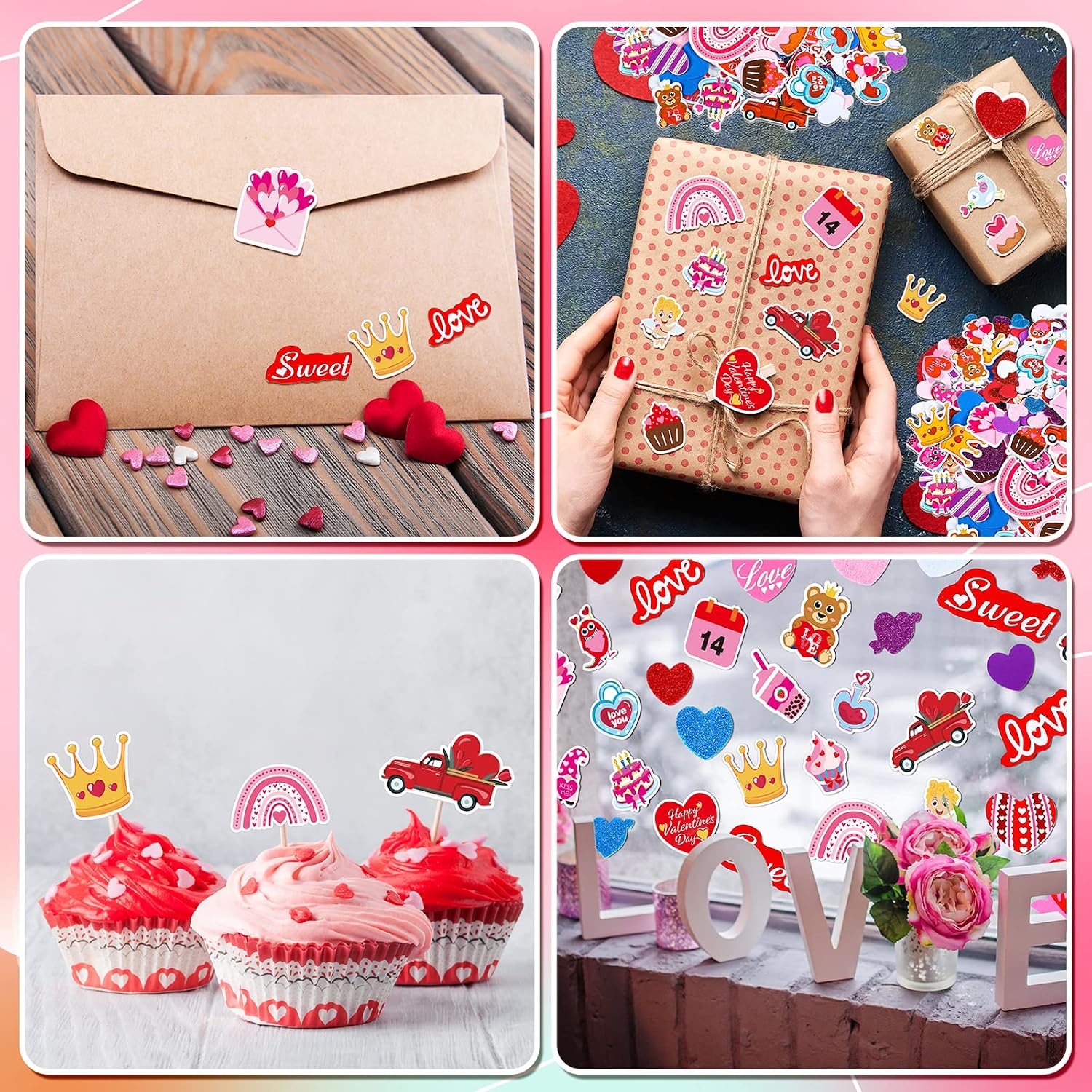 Whaline Valentine's Day Foam Stickers 400Pcs Red Pink Glitter Heart Foam Decals Cake Bear Cupid Rainbow Pattern Colorful Self-Adhesive Sticker for Home Wedding Scrapbook Decoration DIY Crafts
