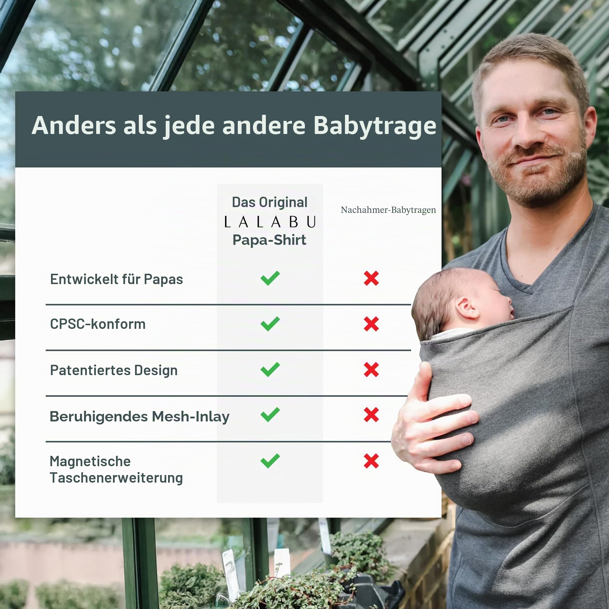 The Lalabu Dad Shirt | Freisprech-Babytrage für Väter mit Kängurutasche | Entwickelt für Bindung, Sicherheit und Komfort für Neugeborene bis zu 6,8 kg | CPSC-geprüft, kurzärmelig, Brook, XXL