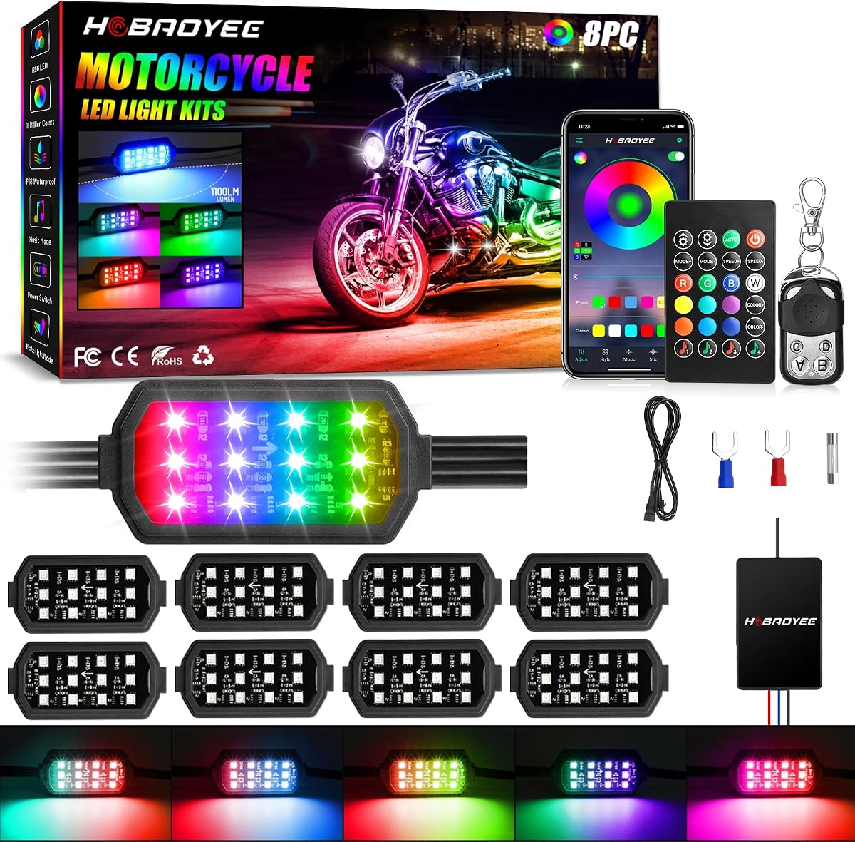 8Pcs Motorcycle LED Light Kit 12 LEDs SMD Chips | Magic-RGB Multicolor Lights, Underglow Kit with APP/RF Remote Control, Fit Most Motorcycles ATV UTV