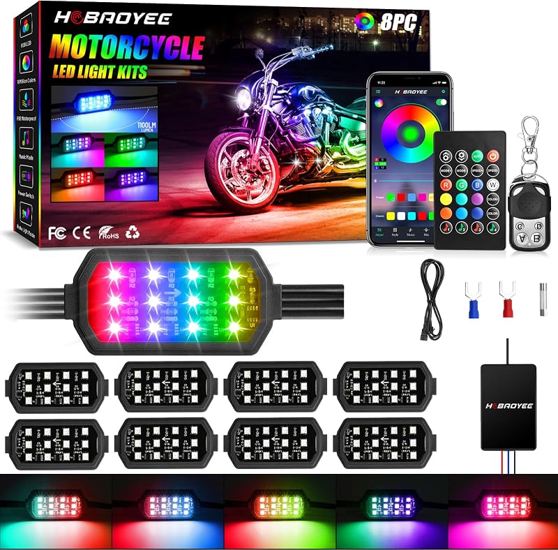 8Pcs Motorcycle LED Light Kit 12 LEDs SMD Chips | Magic-RGB Multicolor Lights, Underglow Kit with APP/RF Remote Control, Fit Most Motorcycles ATV UTV