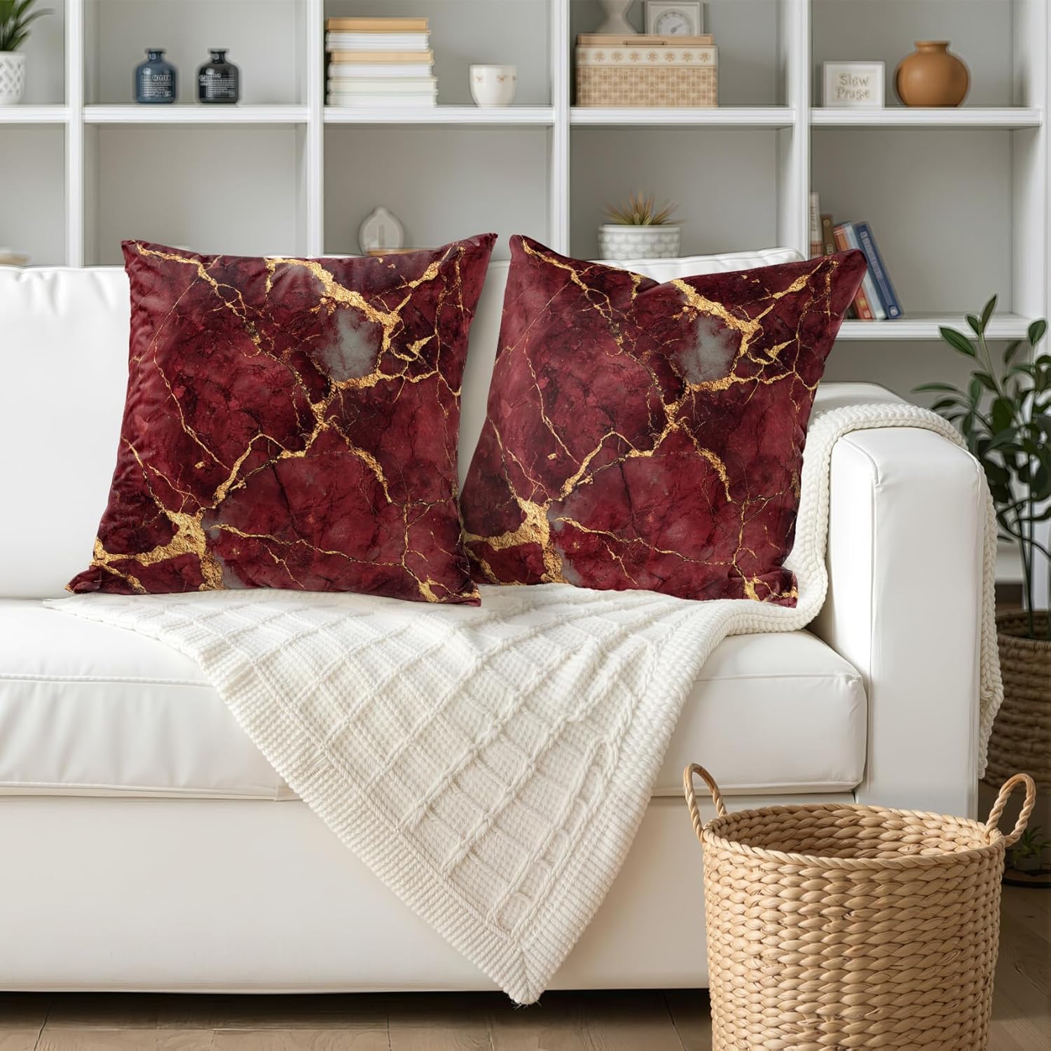 Marble Throw Pillow Covers 18x18 - Burgundy Gold Red Abstract Modern Pillow Cases Set of 2 Double Sided Print, Soft Sofa Pillowcases for Living Room Decor #M074
