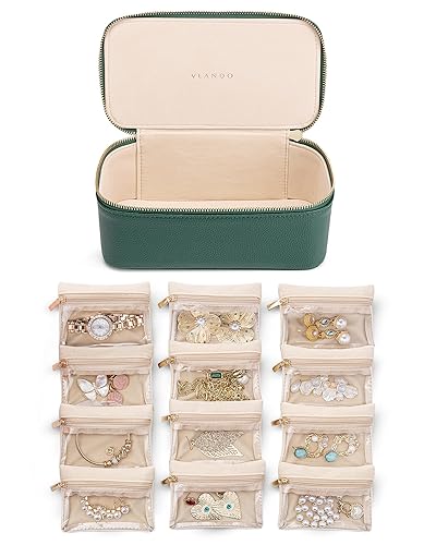 Vlando Jewelry Case with 12 Velvet Jewelry Bags Travel Jewelry Organzier for Travelers Necklace Rings Earrings Jewelry Bags Christmas Birthday Wedding Valentines Day Gifts (Green) - 12PCS-Green