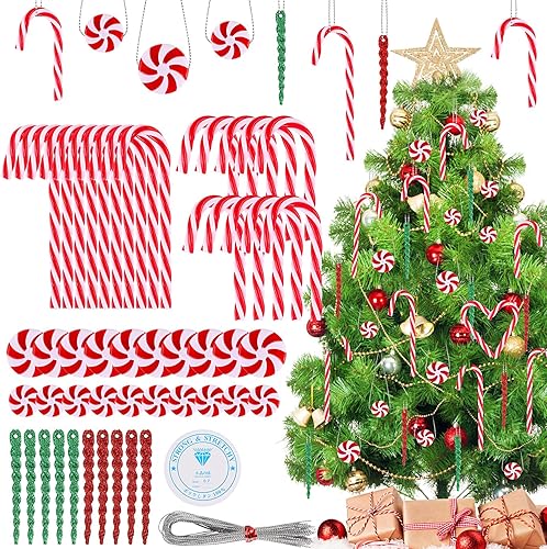 50 adornos de bastón de caramelo para árbol de Navidad, bastones de caramelo de plástico, colgante de caramelo de menta rojo y verde, adornos de