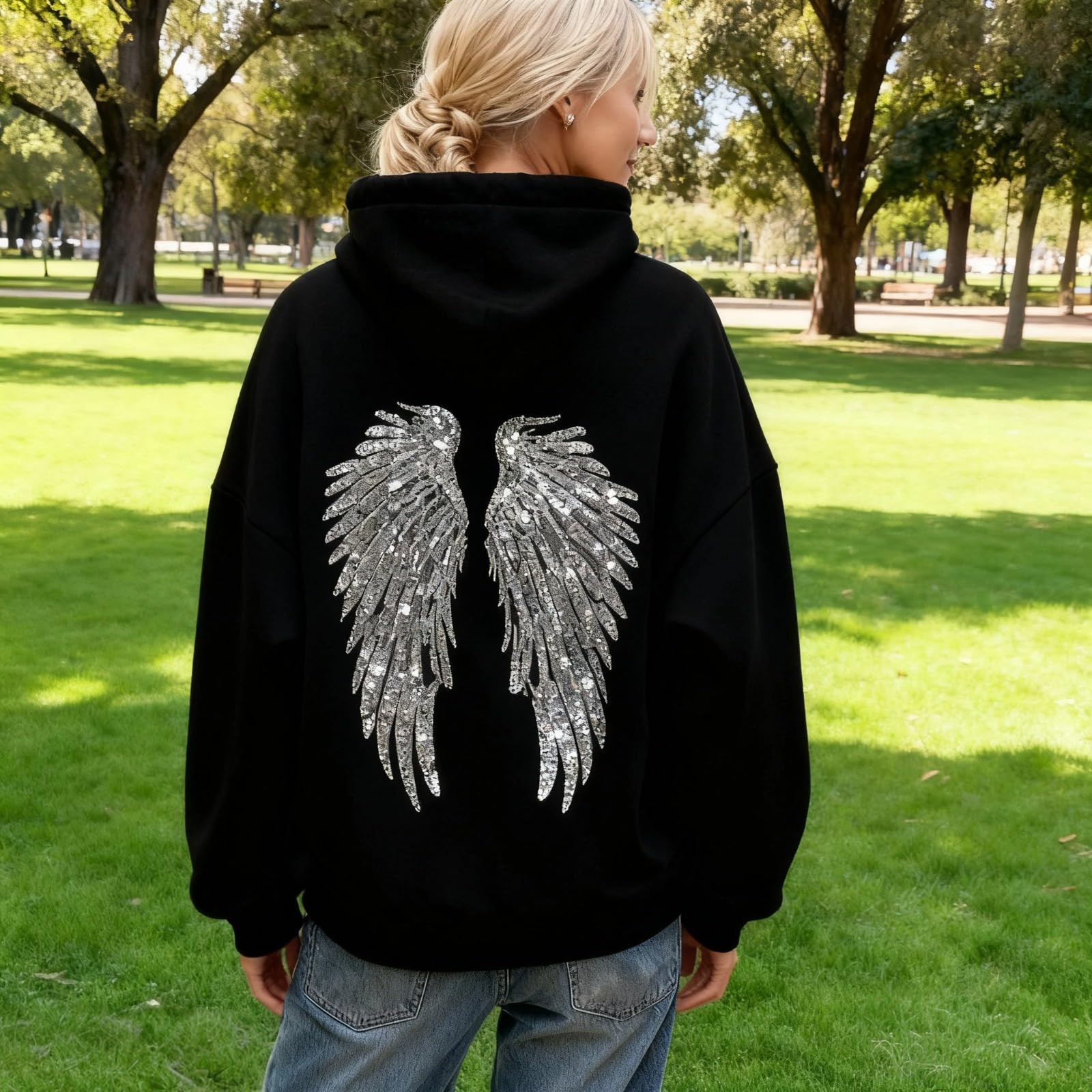 Sweat Ailes Paillettes Sweat à Capuche Femme Manches Longues Décontracté Chaud Chic Élégant Streetwear avec Poches Sport Casual Hoodie Sweatshirt pour Travail Randonnée la pêche