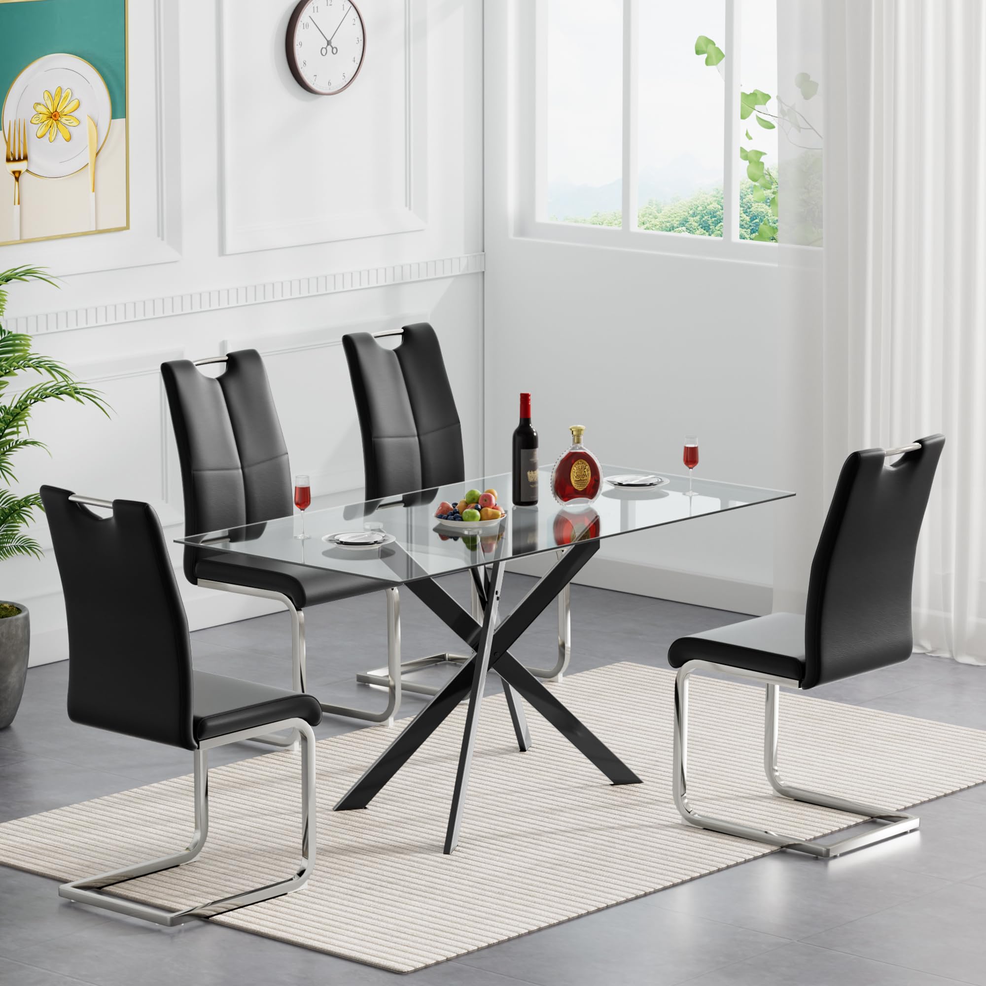 Henf 5 Piece Glass Dining Table Set for 4, 51" Modern Glass Kitchen Table and Chairs for 4, Small Dining Room Table Set with 4 Black Faux Leather