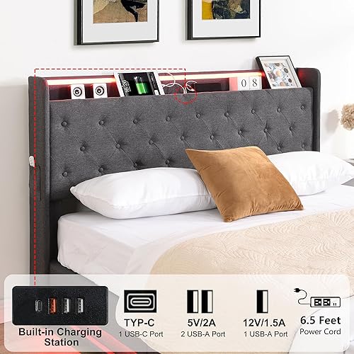 Miniatura 9 de Cama Queen con almacenamiento abatible, cama de plataforma tapizada con cabecero acolchado con botones y almacenamiento, estructura de cama tamaño