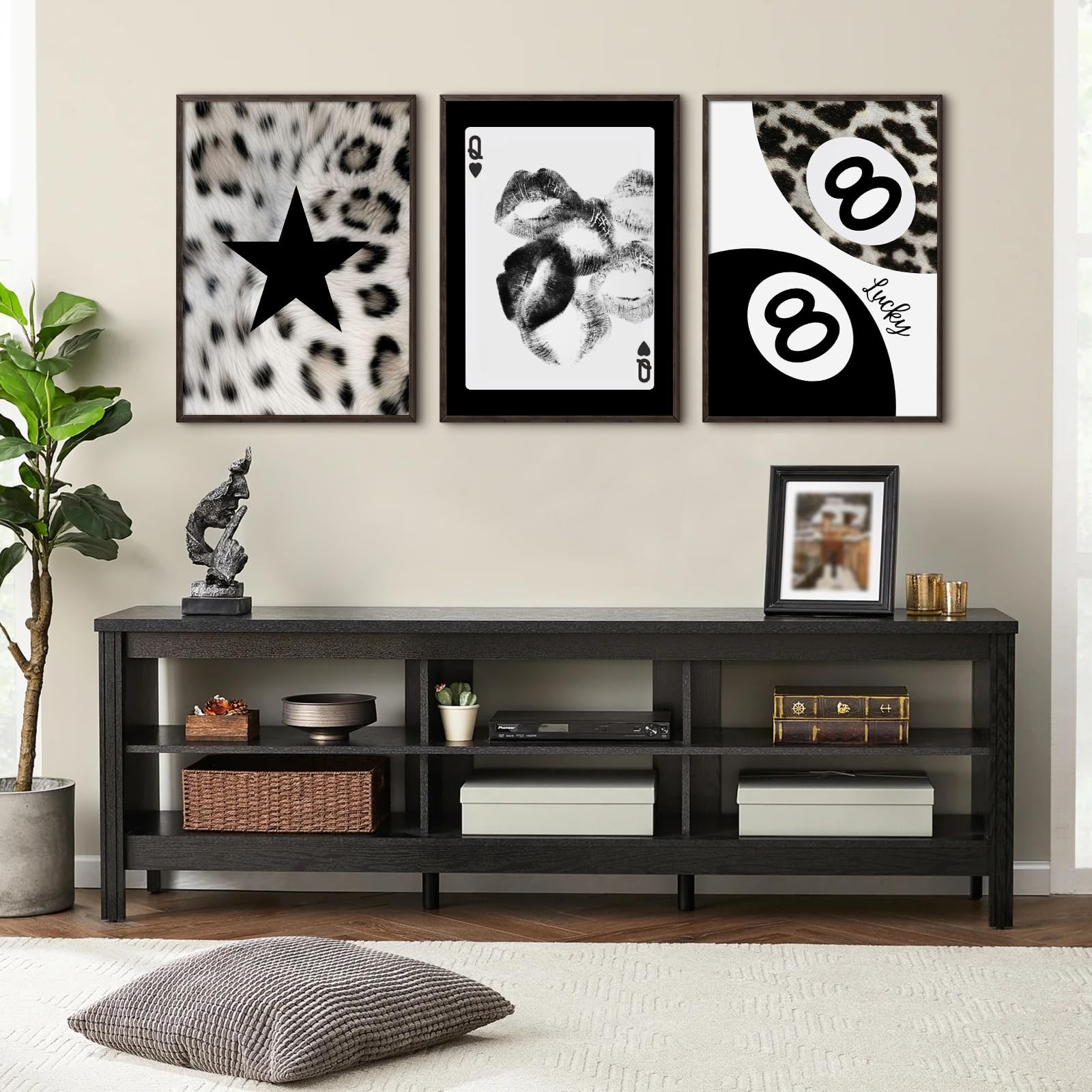 Set di 3 poster da parete senza cornice, motivo leopardo bianco e nero, alla moda, decorazione da parete, motivo ghepardo, 8 palline, stampe fortunate, eleganti carte da gioco per camera da letto