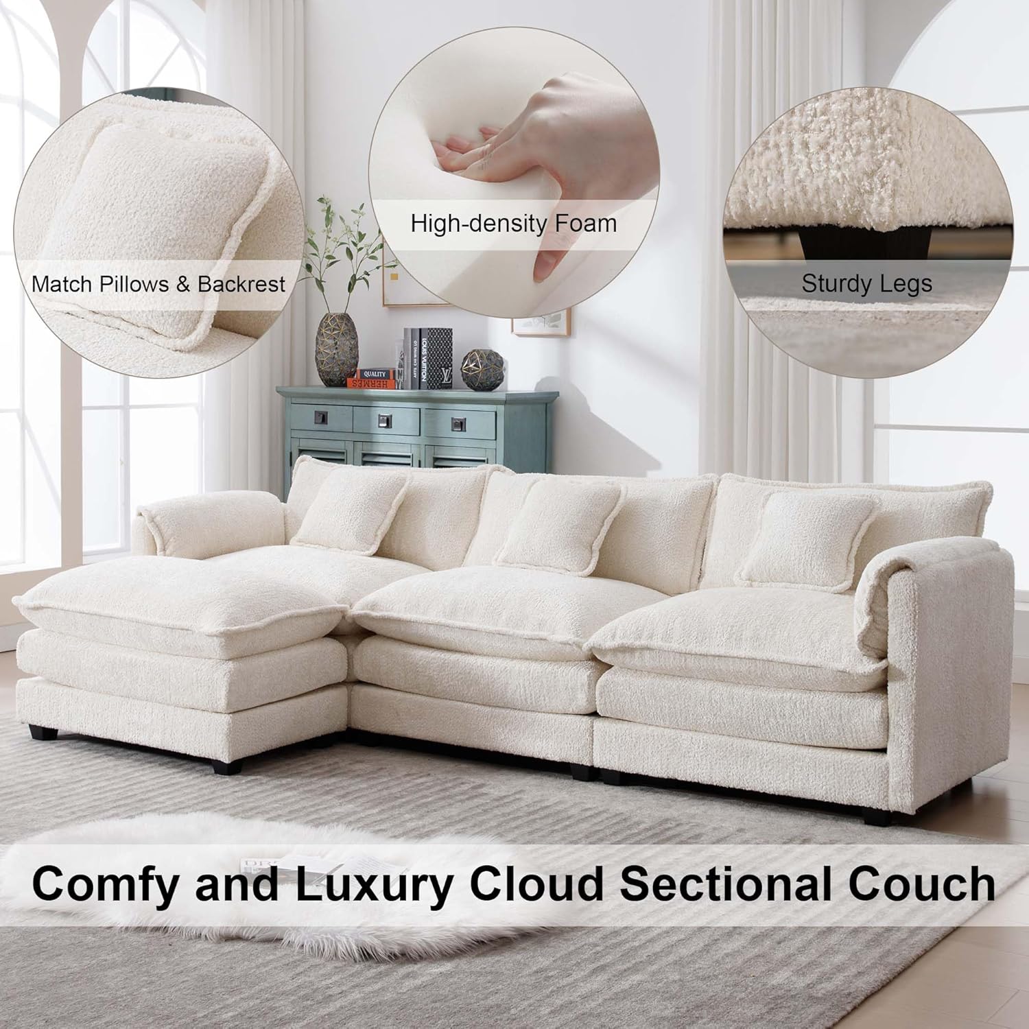 Close-up of sofa cushions and legs highlighting high-density foam and sturdy construction