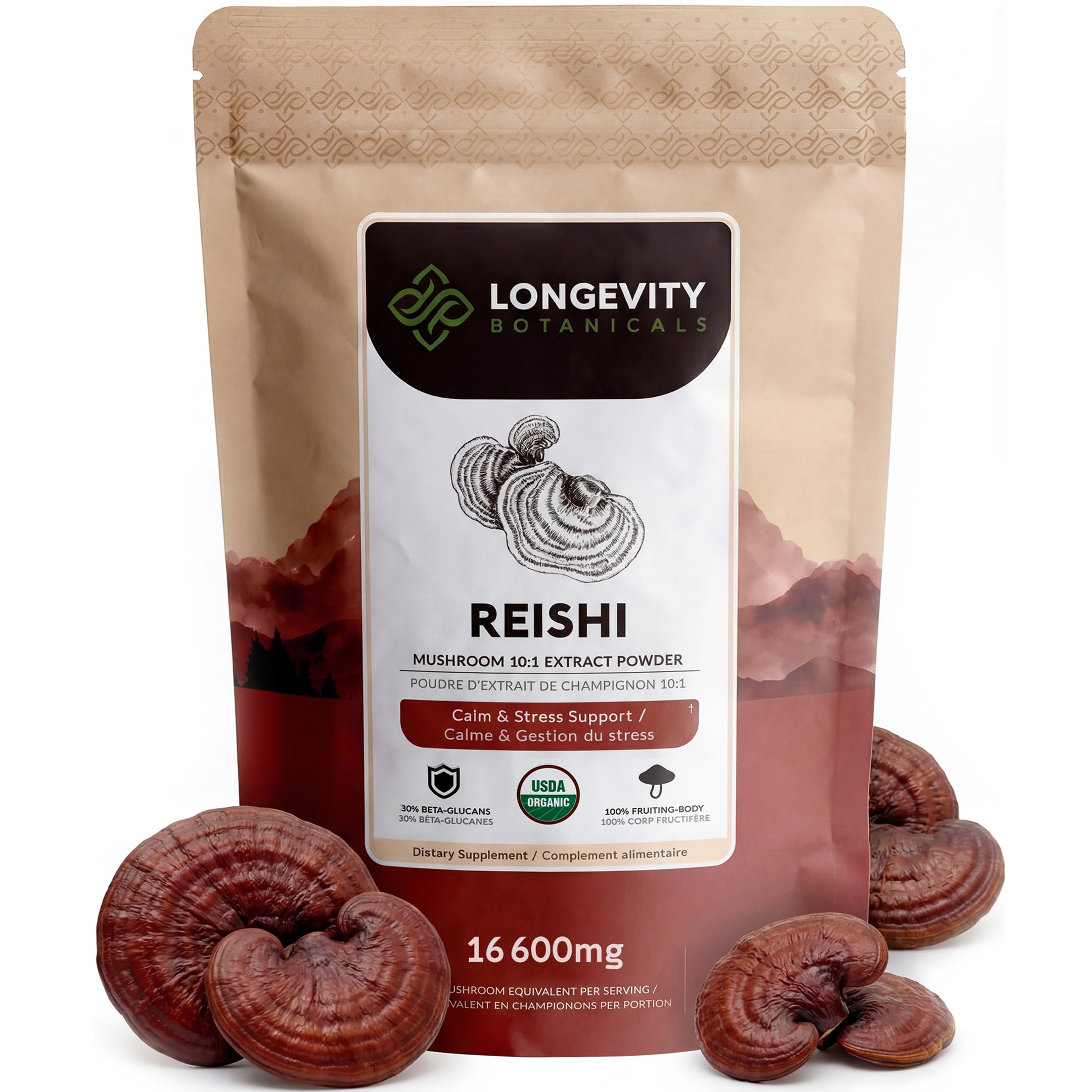 Organic Reishi Mushroom Powder Supplement 100g | Pure Fruiting Body 10:1 High Strength Extract | 30% Beta-D Glucans | 16,600mg Raw Equivalent Per Serving | Calm, Sleep & Stress Support