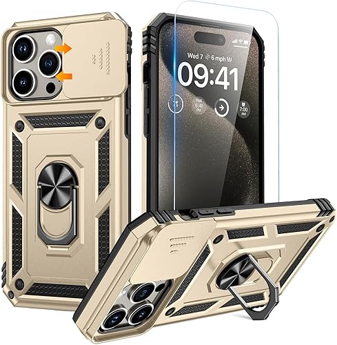 Goton Funda para iPhone 15 Pro Max con protector de pantalla - Funda protectora para cámara deslizante con soporte de anillo, resistente a los