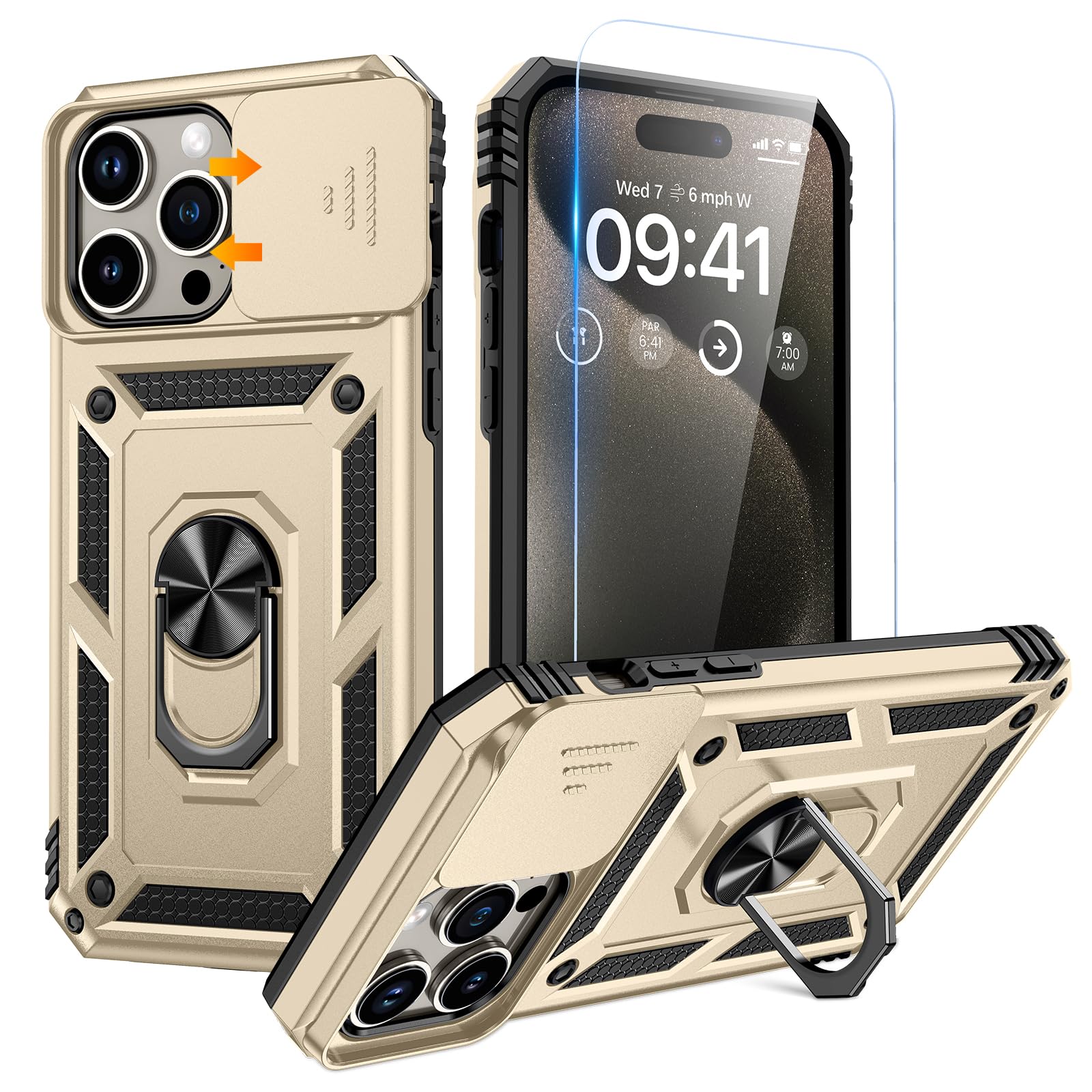 Goton for iPhone 15 Pro Max Case with Screen Protector - Slide Camera Cover Protective Phone Case with Ring Stand, Heavy Duty Shockproof Rugged Bumper