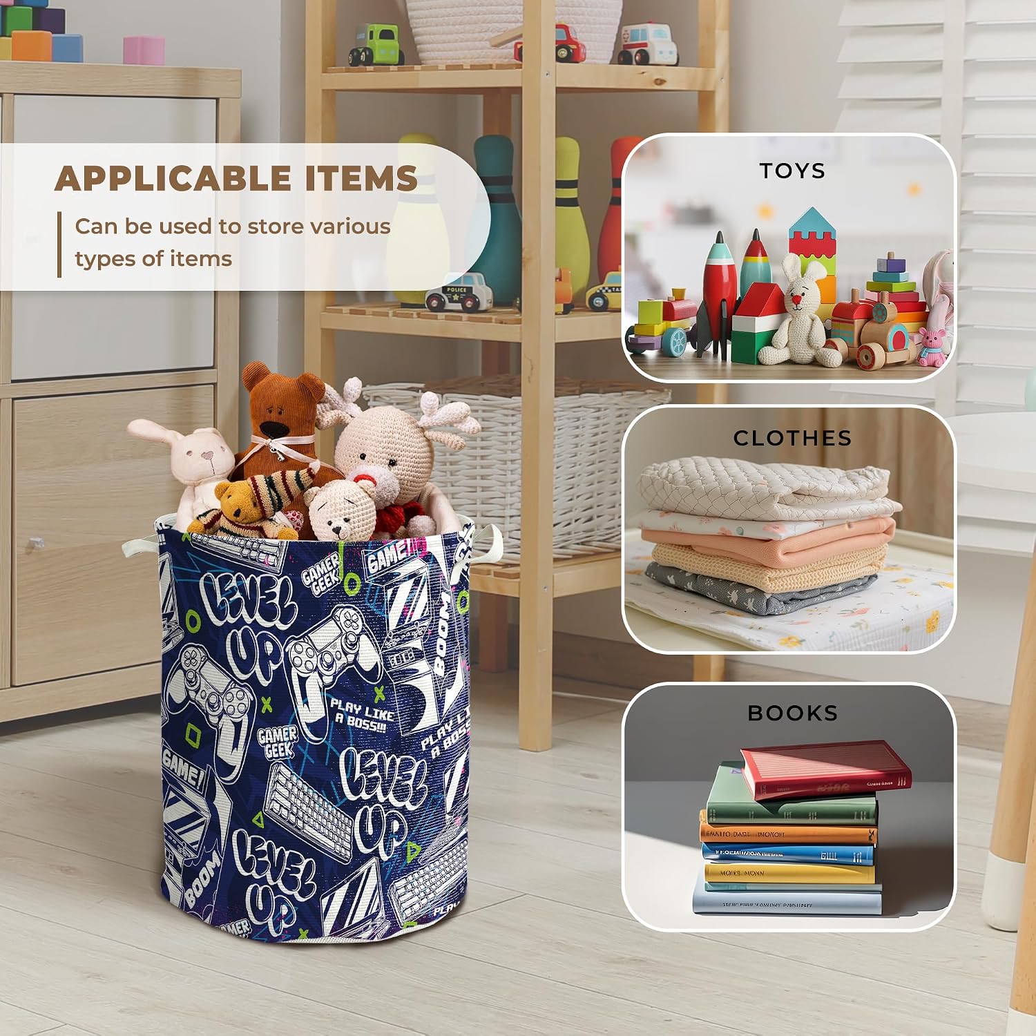 Game Consoles Laundry Basket, Retro Gaming Boys Laundry Basket Hamper, Blue Controller Gamer Waterproof Storage Bin Toy Box Organizer for Bedroom Bathroom Teen Boys Room Playroom Clothes Toys