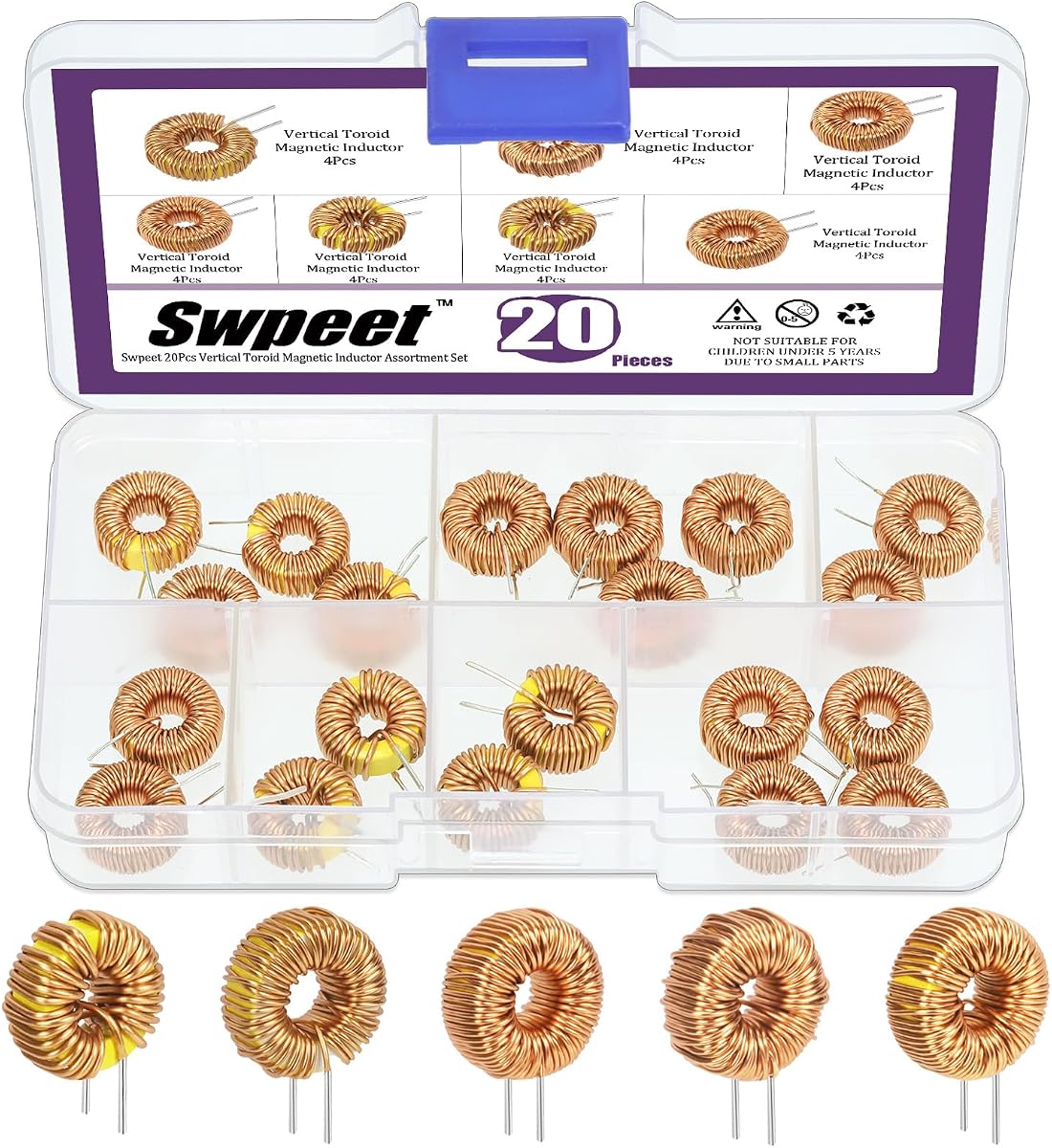 Swpeet 20 piezas 5 tamaños 22UH-10A 50UH-5A 100UH-6A 220UH-5A 330UH-3A Inductor de núcleo magnético toroide Kit surtido de alambre de cobre, bobina de inductancia perfecta para transformadores Placa de circuito de bricolaje