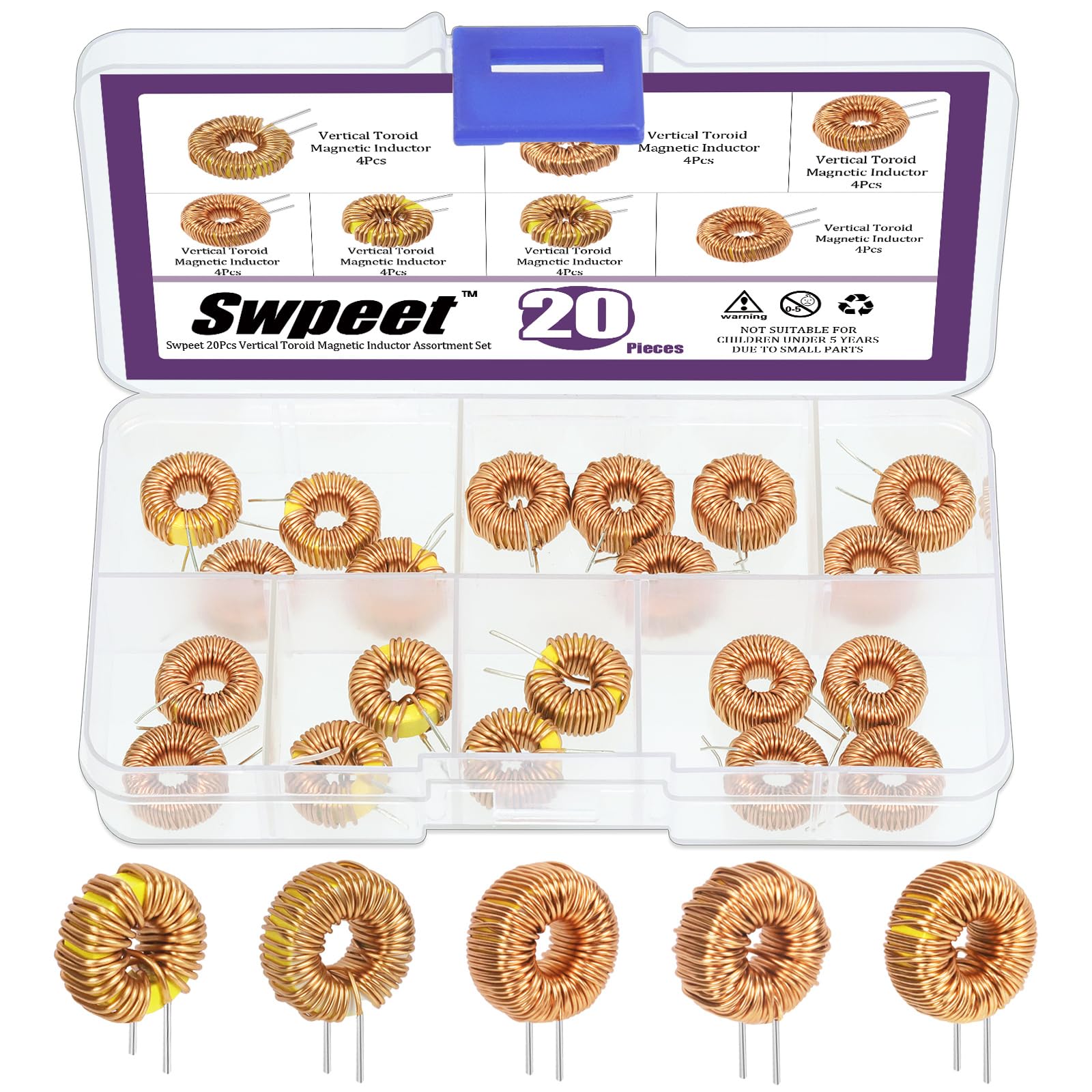 Swpeet Lot de 20 bobines d'inductance à noyau magnétique toroïde 5 tailles 22UH-10A 50UH-5A 100UH-6A 220UH-5A 330UH-3A Fil de cuivre Bobine d'inductance Parfait pour les transformateurs DIY Circuit