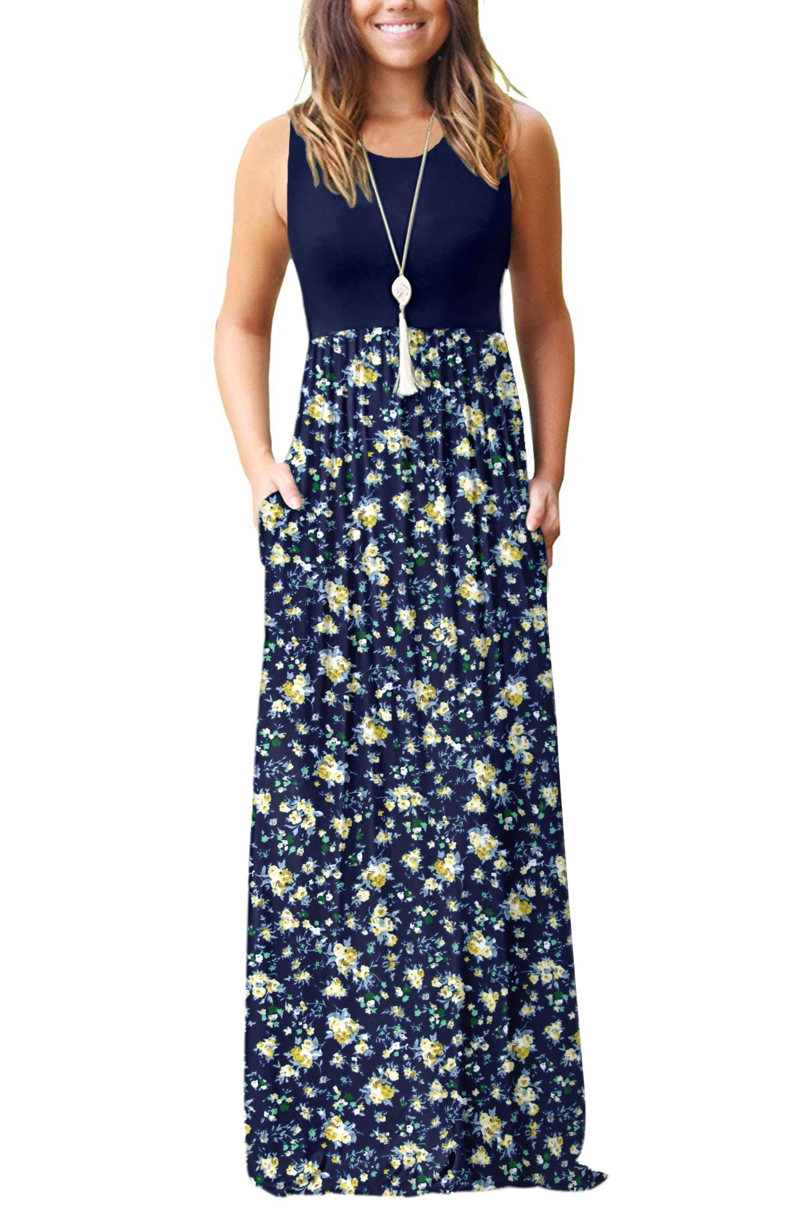AUSELILY Women's Summer Sleeveless Loose Plain Casual Long Maxi Dresses | Year Round wear solid floral print, Casual daily wear, Empire waist, Floor length, Side pockets New