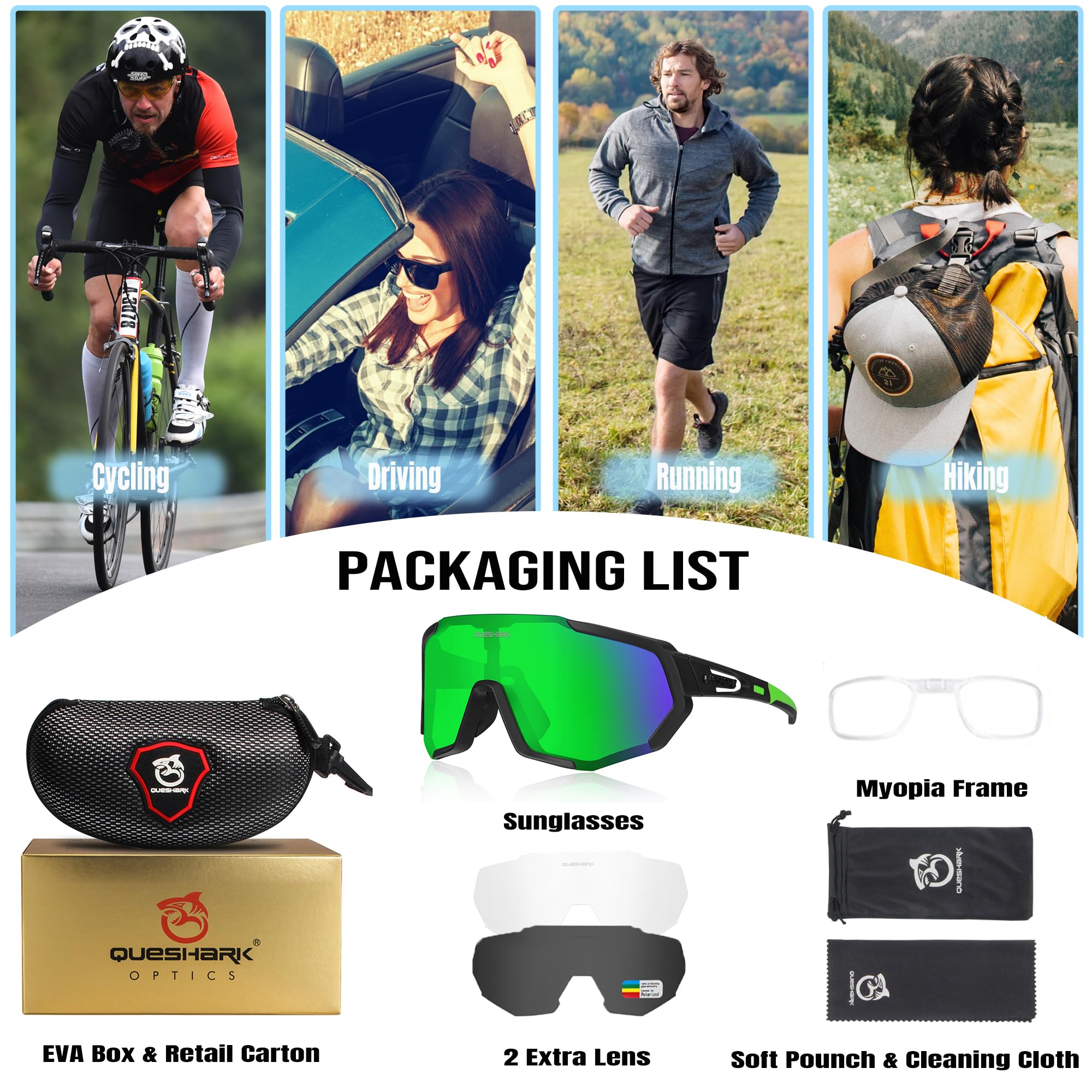 Queshark Occhiali da Ciclismo Polarizzati per Ccchiali TR90 con Montatura per Uomo Donna con 3 Lenti Intercambiabili Anti-UV400
