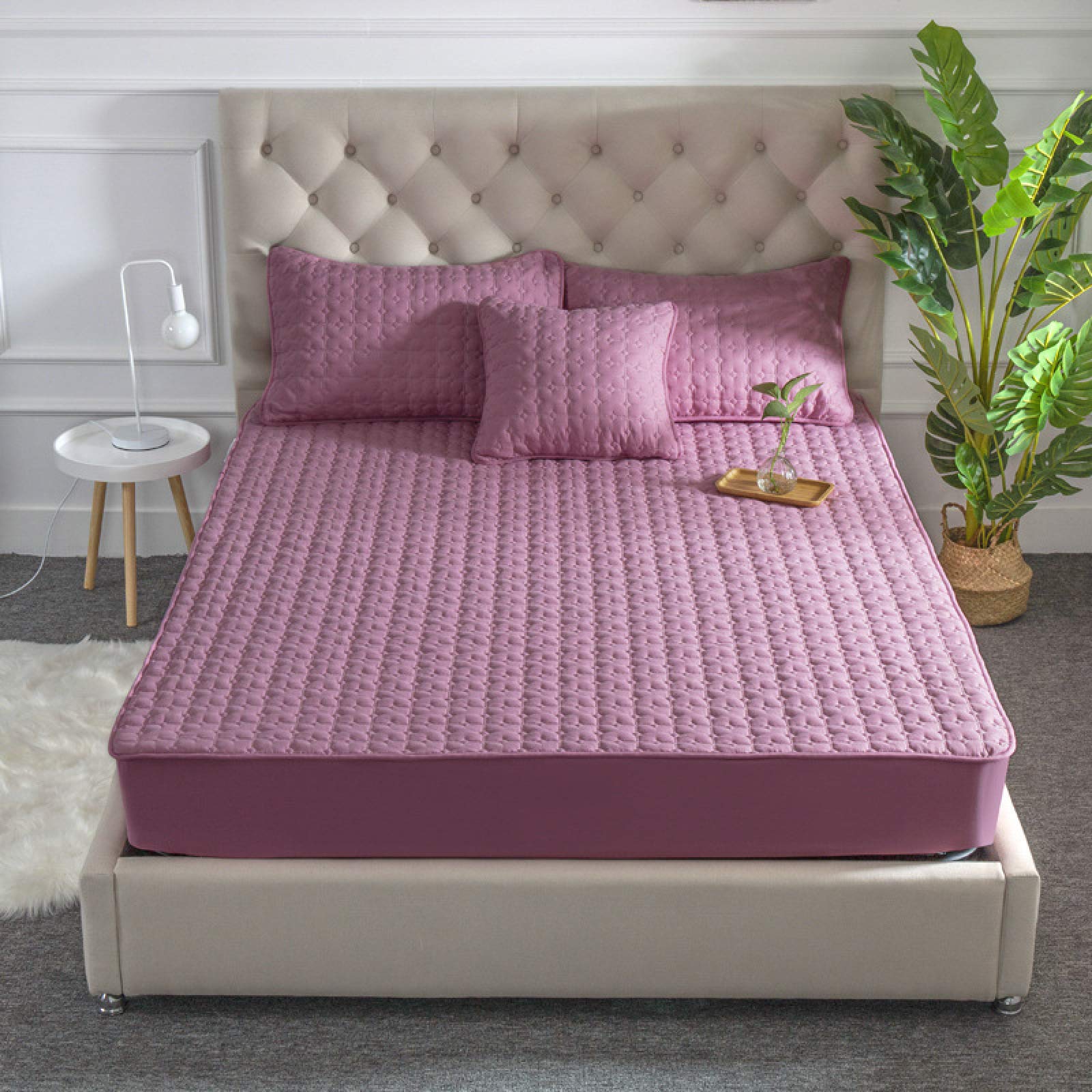 FCLDESHOP Plusieurs Tailles et Couleurs Disponibles,Draps-Housses en Pur Coton matelassé épais et antidérapant, surmatelas de Couleur Unie pour Chambre à Coucher, hôtel, Violet, 180 x 220 cm + 30 cm