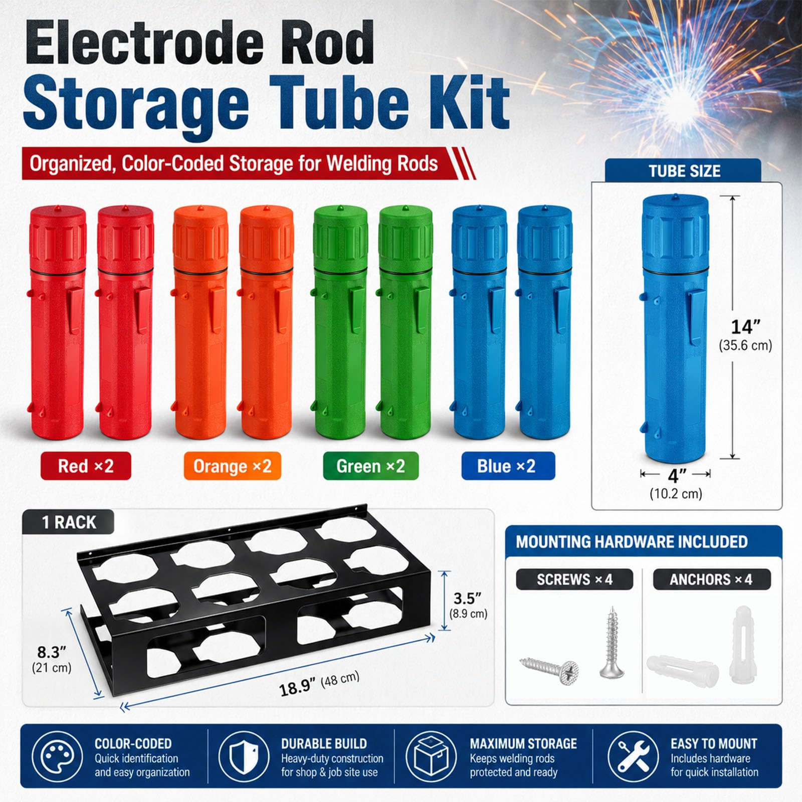Zonon Kit de 9 tubes de rangement pour tige de soudage, 35,6 cm, supports d'électrodes avec support en métal, étanche à l'air, récipient de soudure pour atelier, remorque à outils mobiles