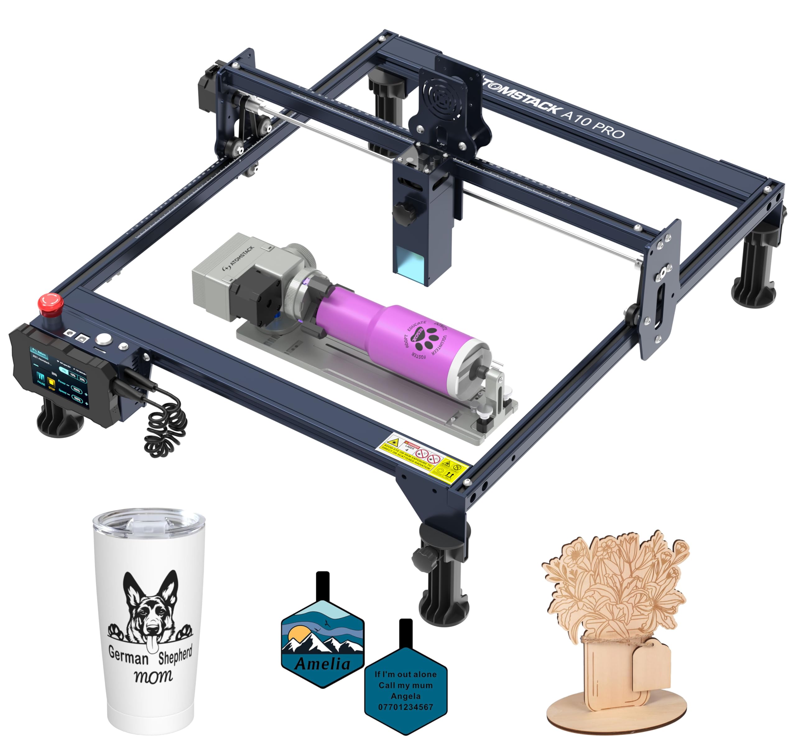 ATOMSTACK A10 PRO 10W Macchina per incisione laser Taglio laser, taglio laser CNC, 50W, messa a fuoco laser 0,08 mm con rullo multifunzionale R8 Supporto per rullo rotante ad alta precisione
