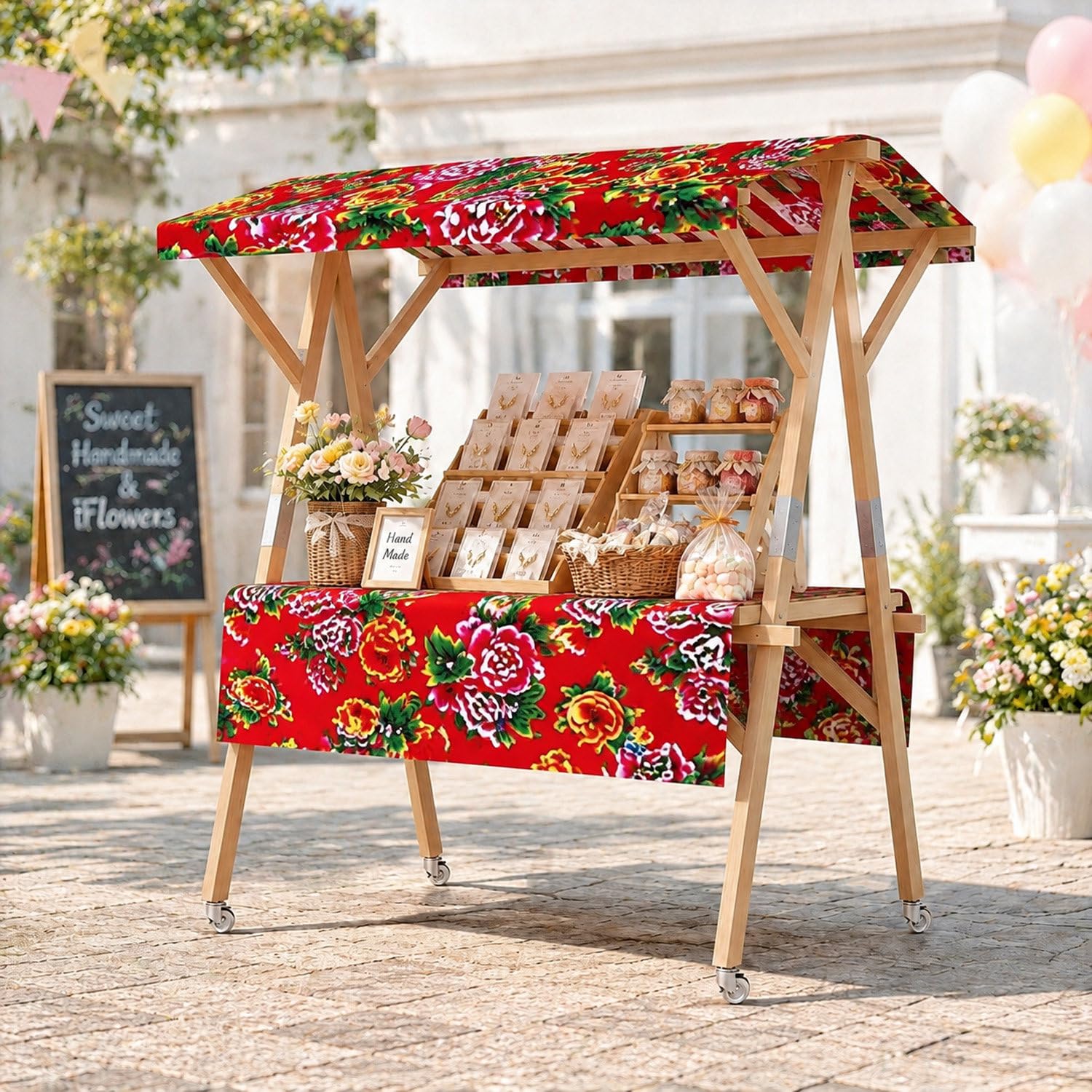 COAKUE Portable Foldable Wooden Farmers Market Stand on Wheels with Awning, Outdoor Vendor Cart Roadside Farm Stand for Roadside Vending, Markets & Craft Fairs RedC-120cm/47.2in