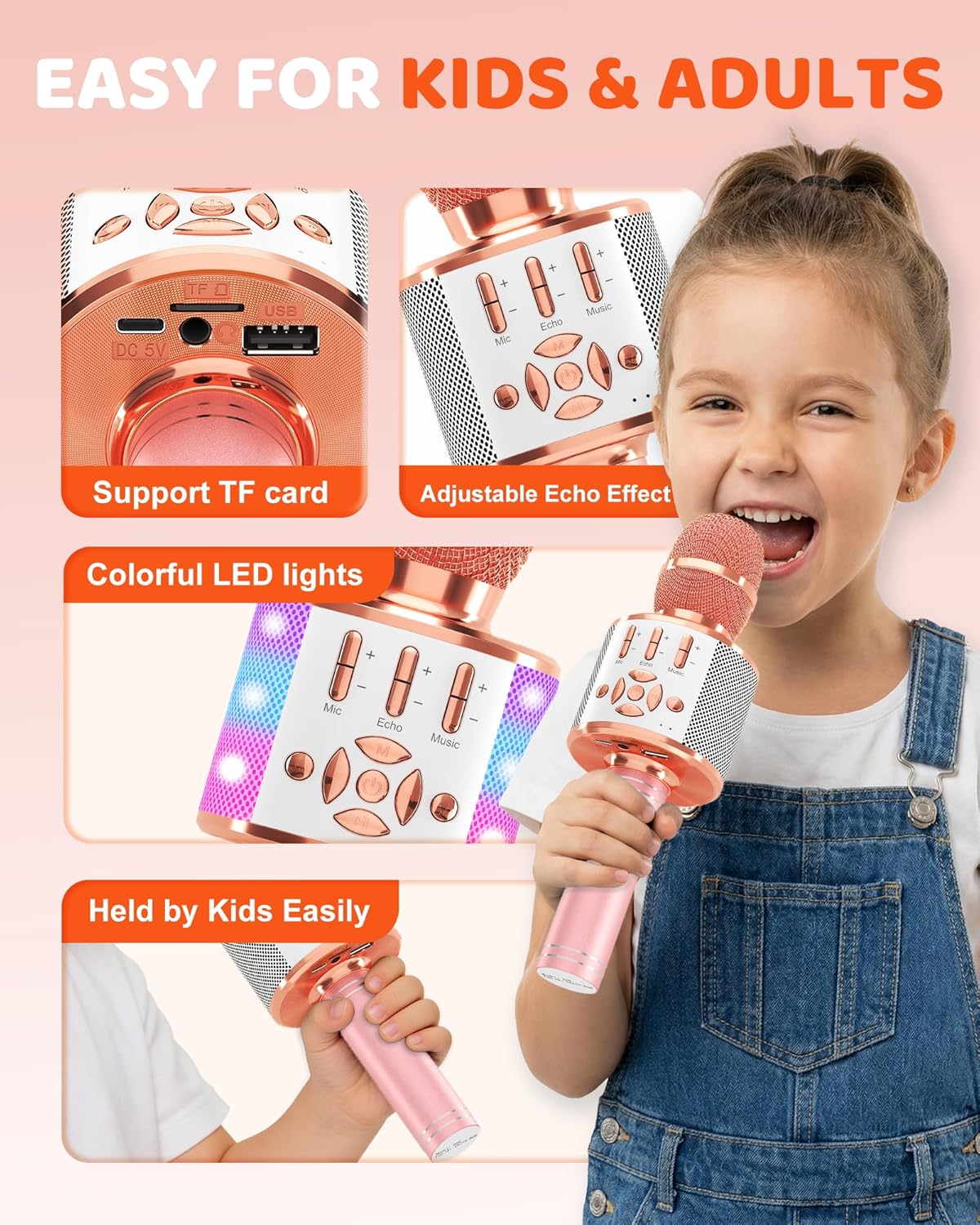 Amazmic Karaoke Microphone for Adults, Wireless Bluetooth Microphone for Singing Portable Karaoke Machine Handheld with LED Lights, Gift for Kids Adults Birthday Party, Home KTV(Rose Gold)